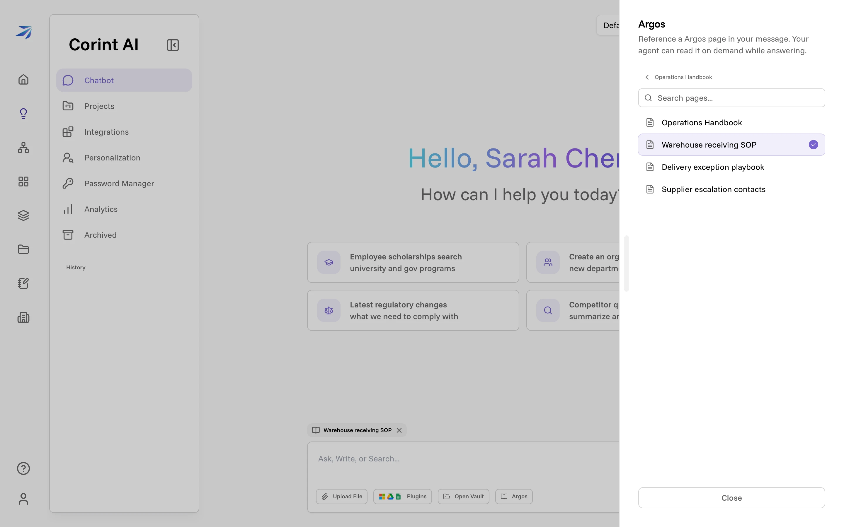 The Argos drawer in the chat composer, with a page selected and attached as a chip