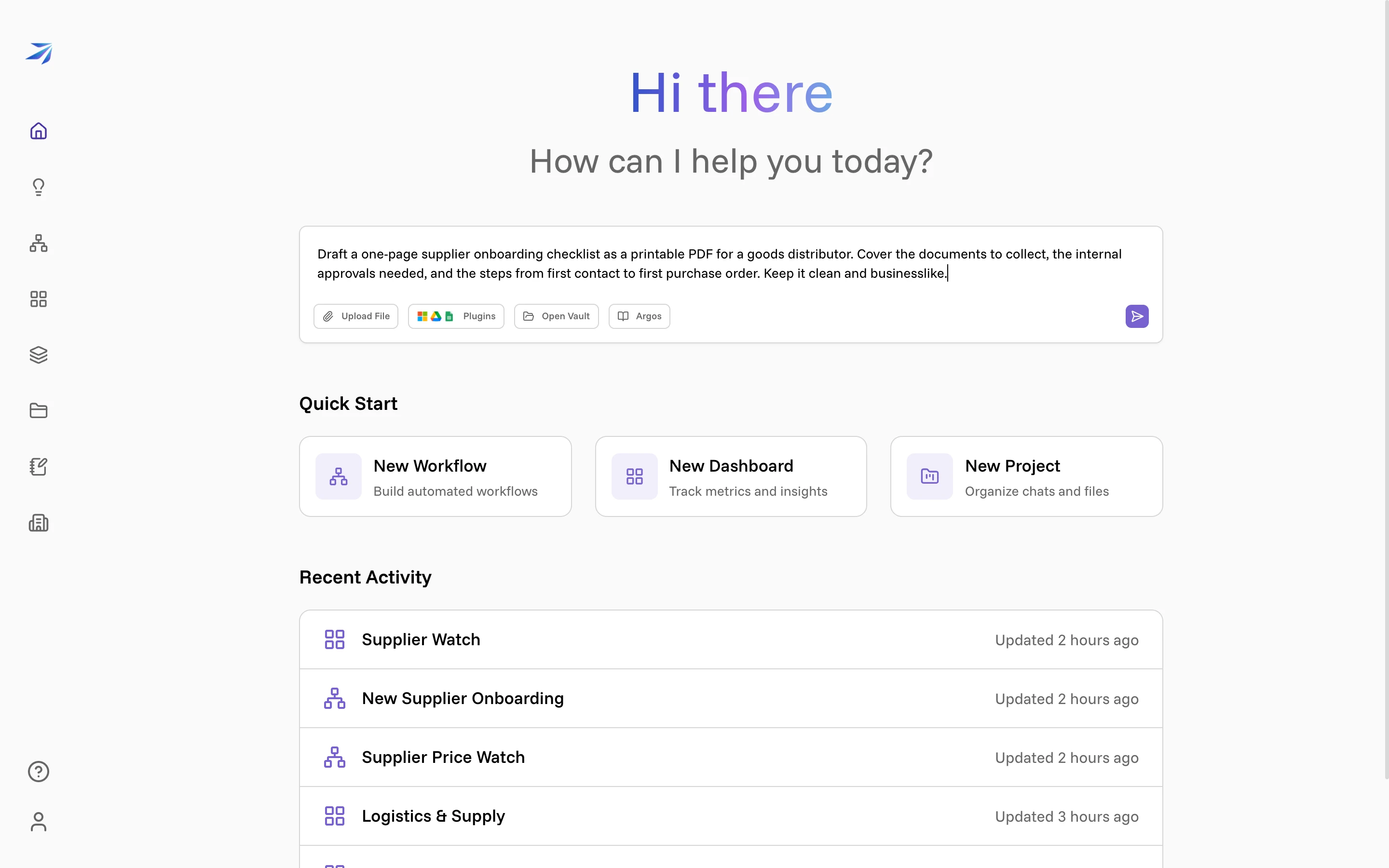 The Corint composer on the home page with a request typed in: draft a one-page supplier onboarding checklist as a printable PDF