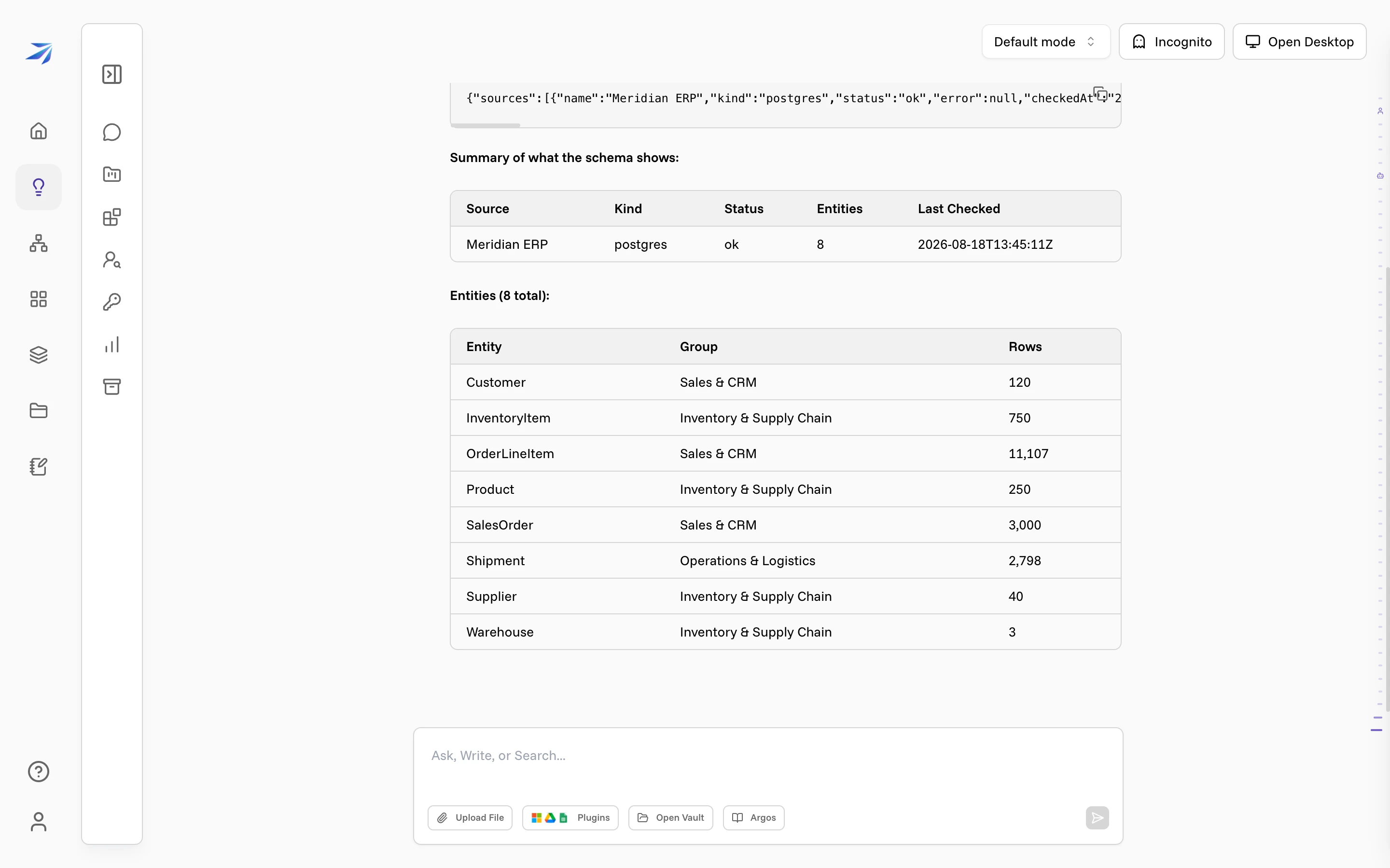 Corint running atlas schema in a chat, with the raw output and a summary table of all eight entities and their row counts