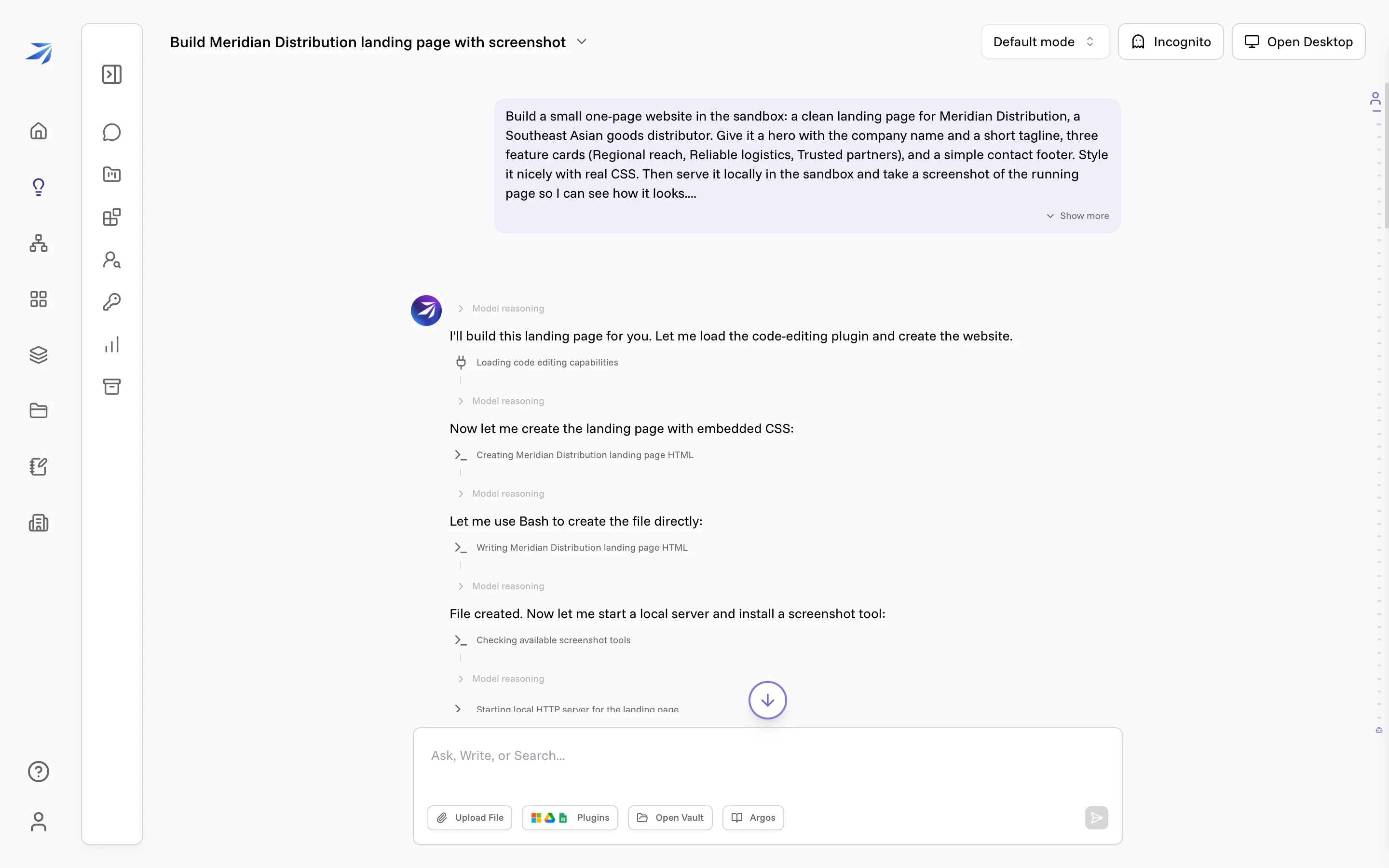 The Corint chat building the site: the request at the top, then tool steps loading code-editing capabilities, writing the landing page HTML, and starting a local HTTP server