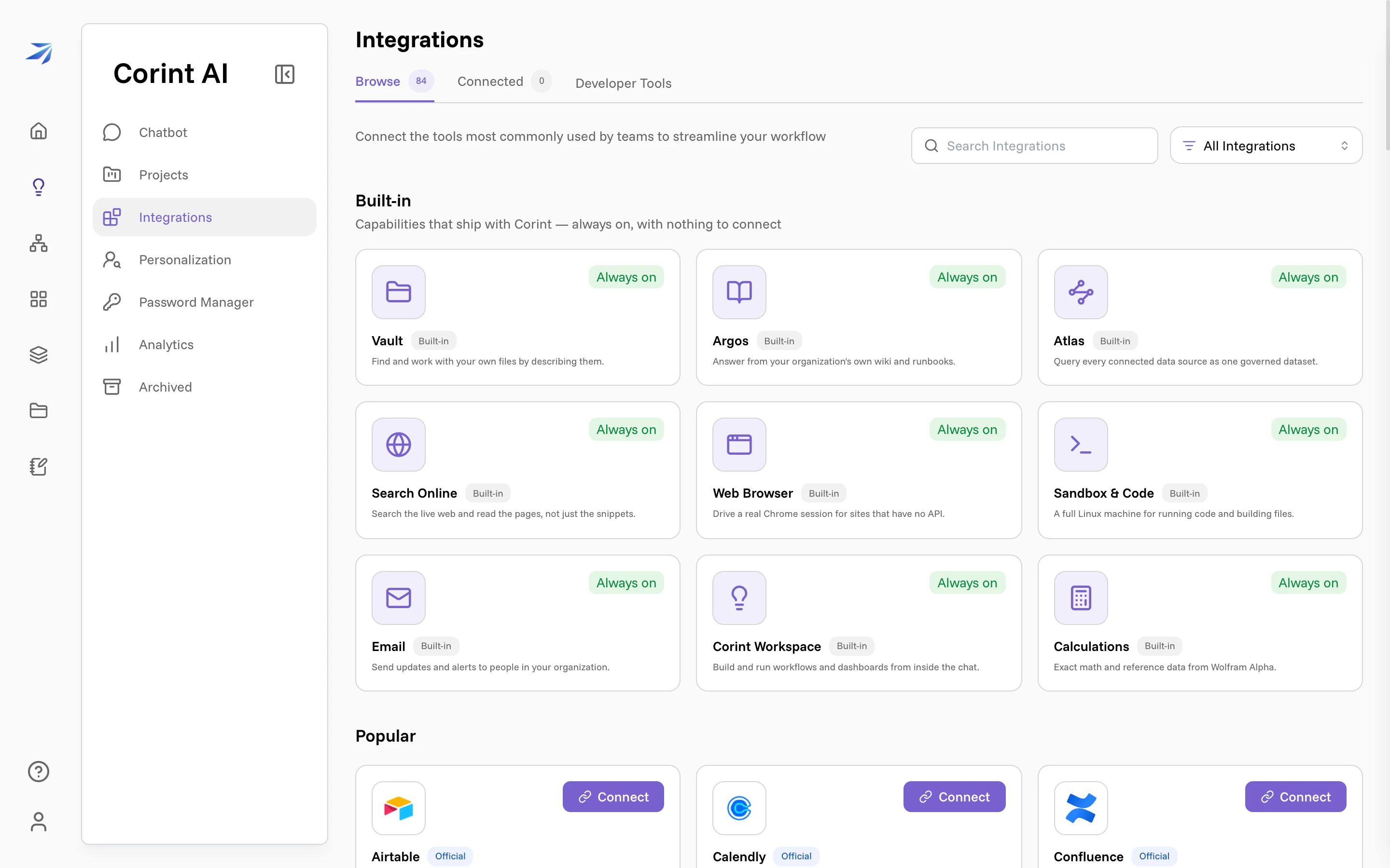 The Built-in section of the Integrations page, each card marked Always on