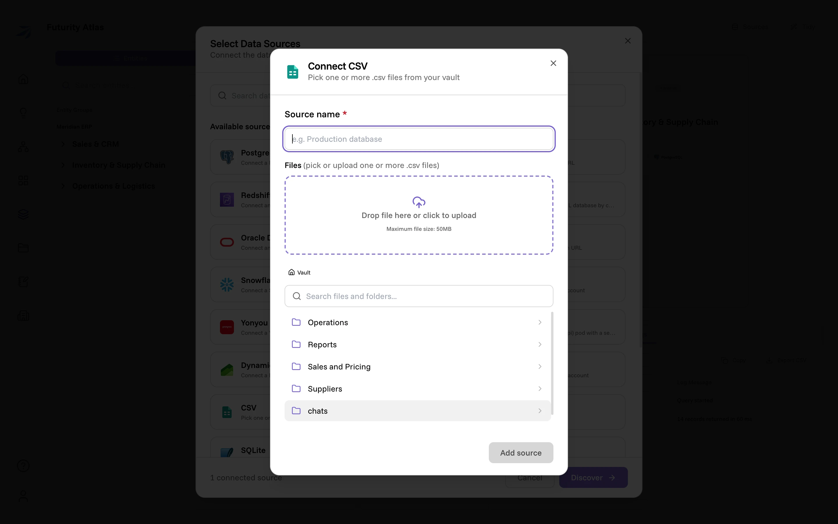 The Connect CSV form: a source name, a drop zone, and the Vault browser underneath
