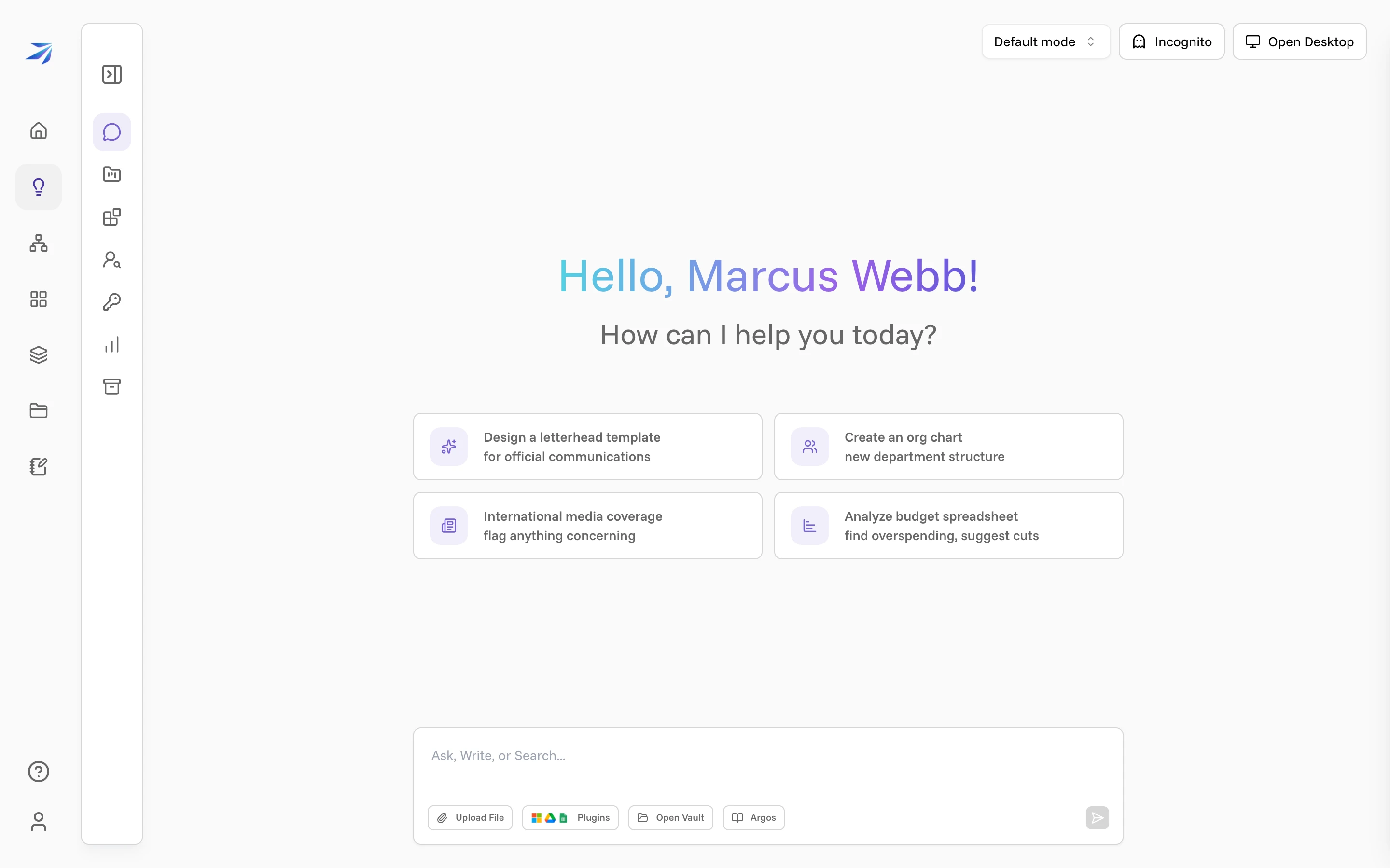 The Corint chat home, with example prompts and the composer