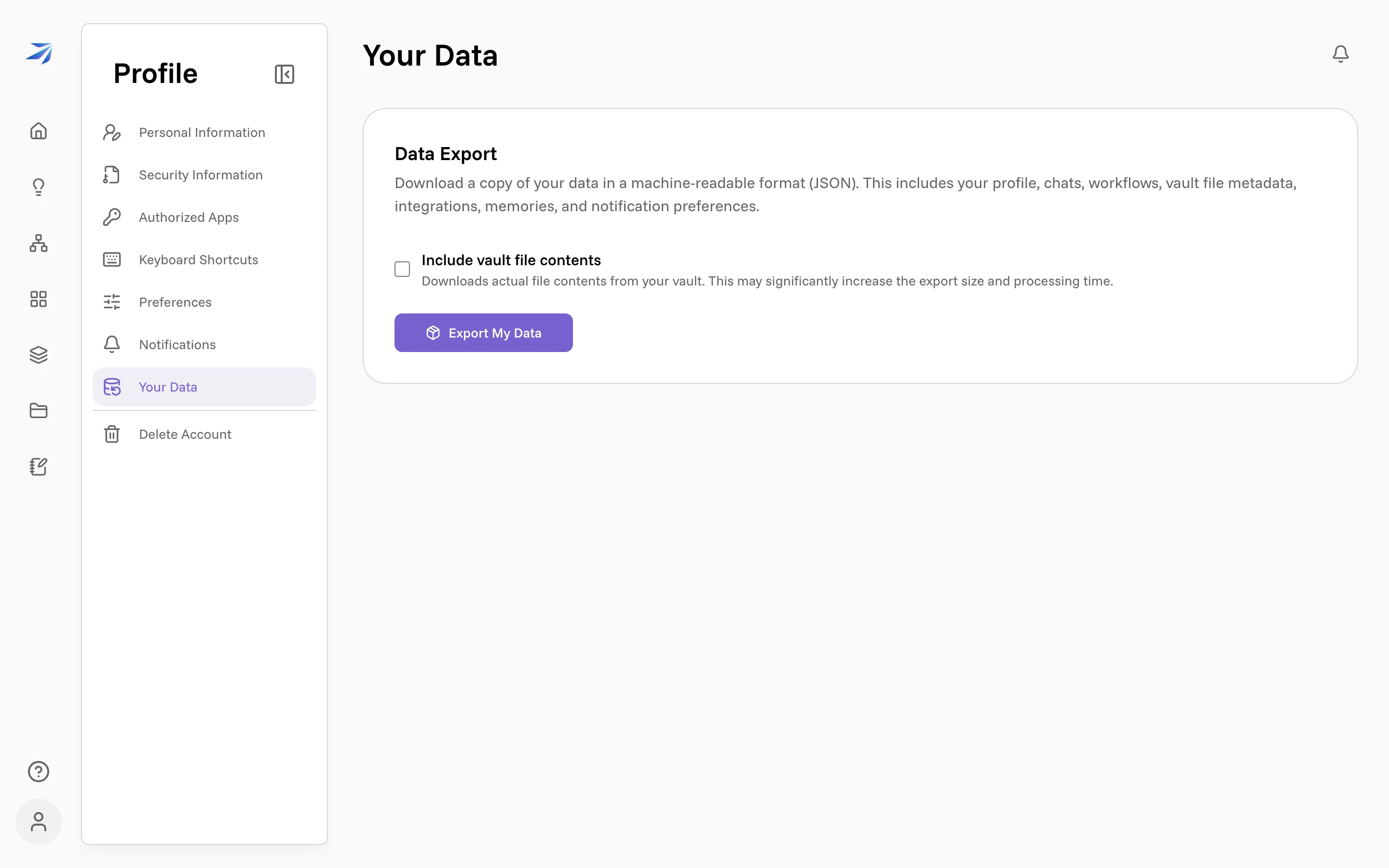 The Your Data page with the Data Export section and the Export My Data button