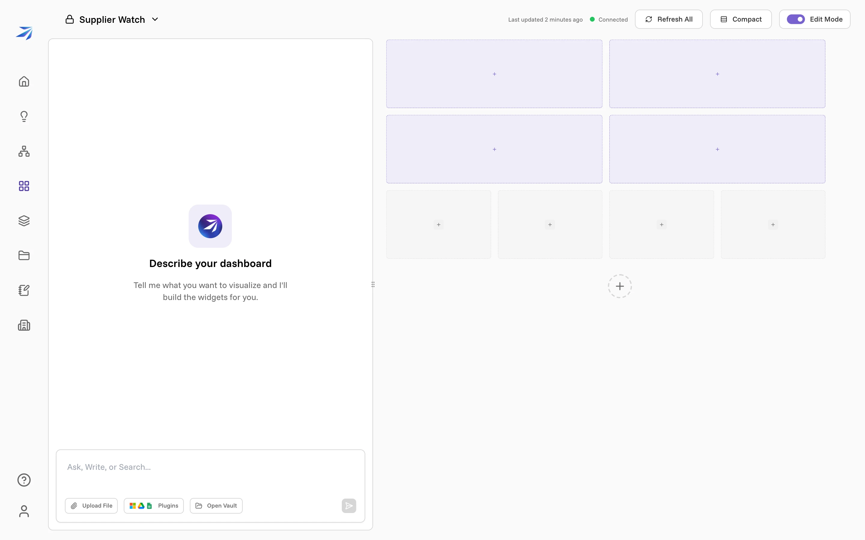A dashboard in Edit Mode: the Describe your dashboard chat on the left, the empty grid slots on the right