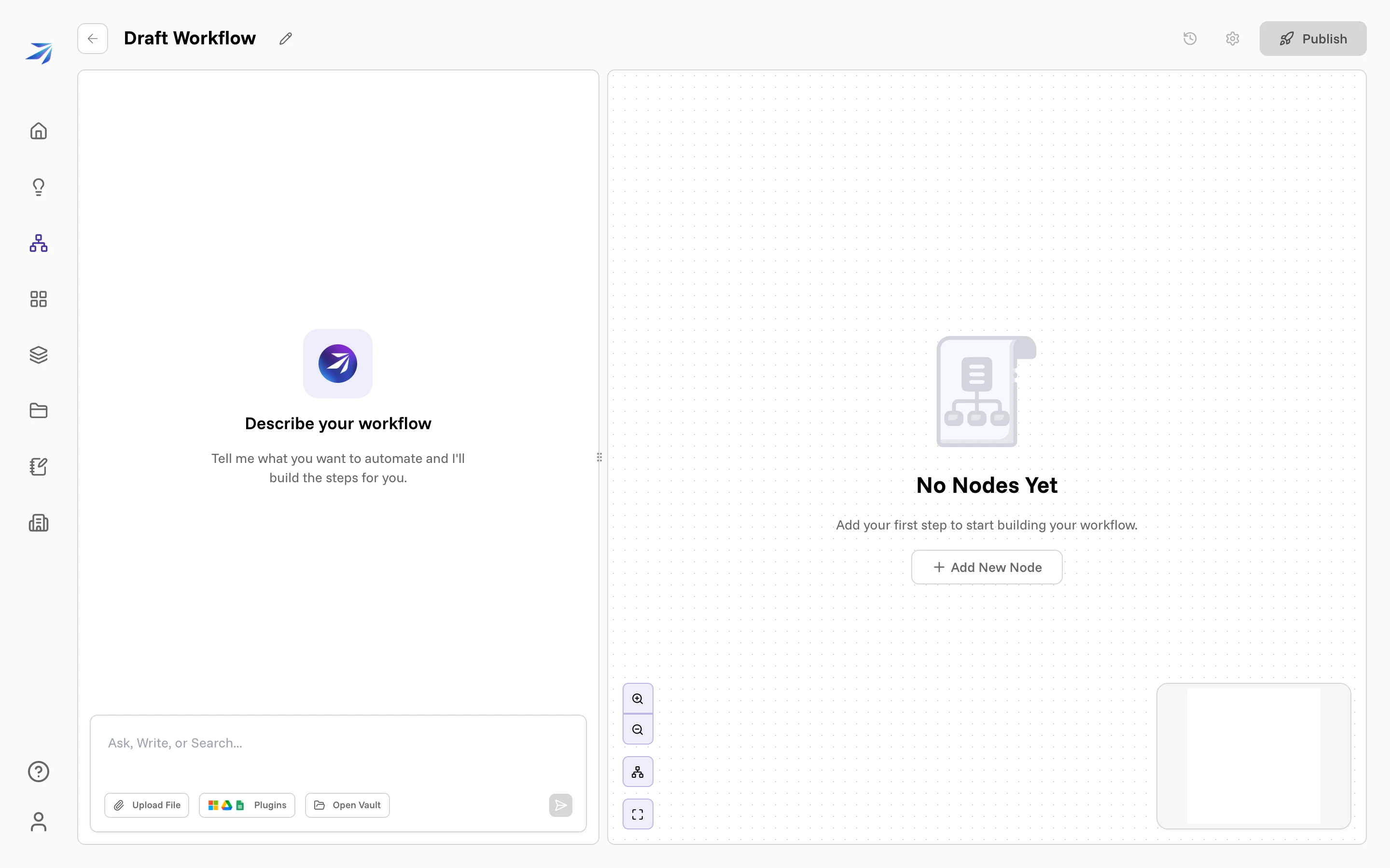 The workflow builder: the Describe your workflow chat on the left, an empty canvas on the right