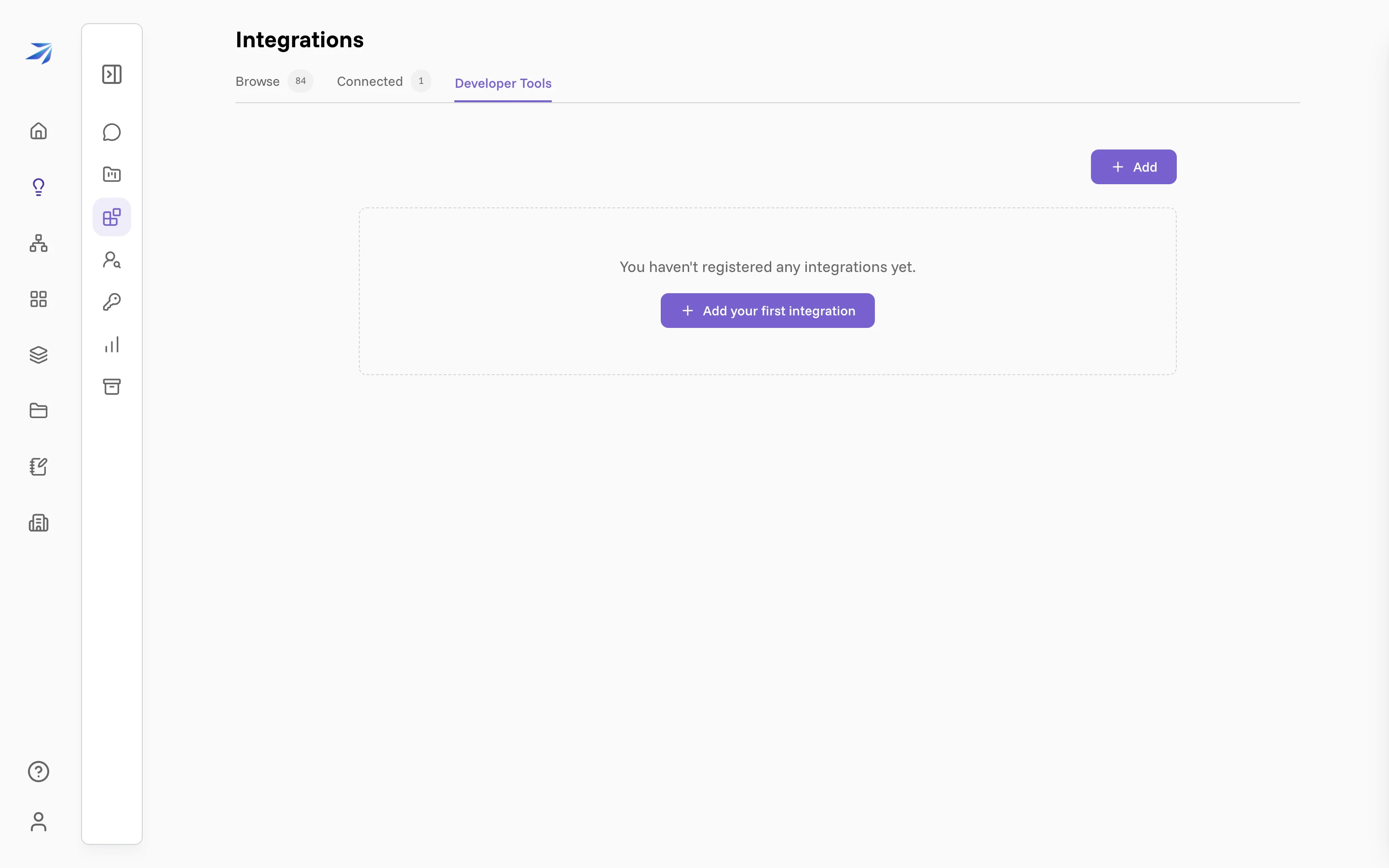 The Developer Tools tab on the Integrations page, empty, with an Add your first integration button