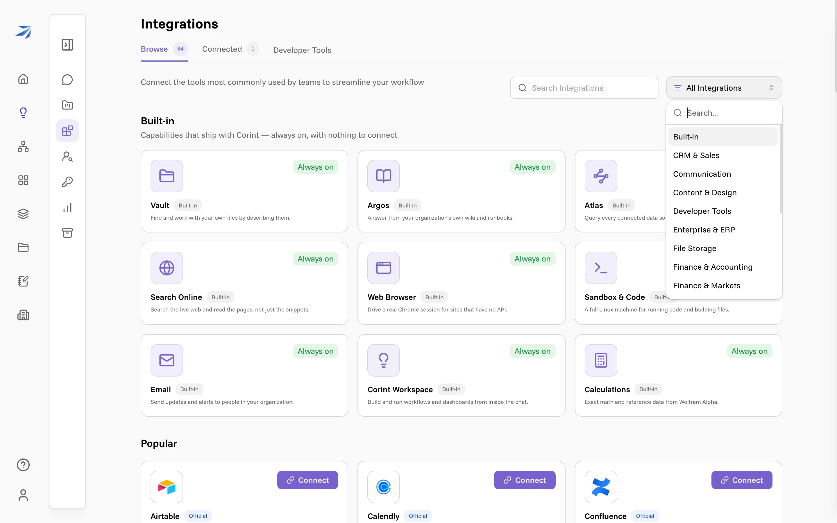 The Integrations page on the Browse tab, with the search box and the category filter open