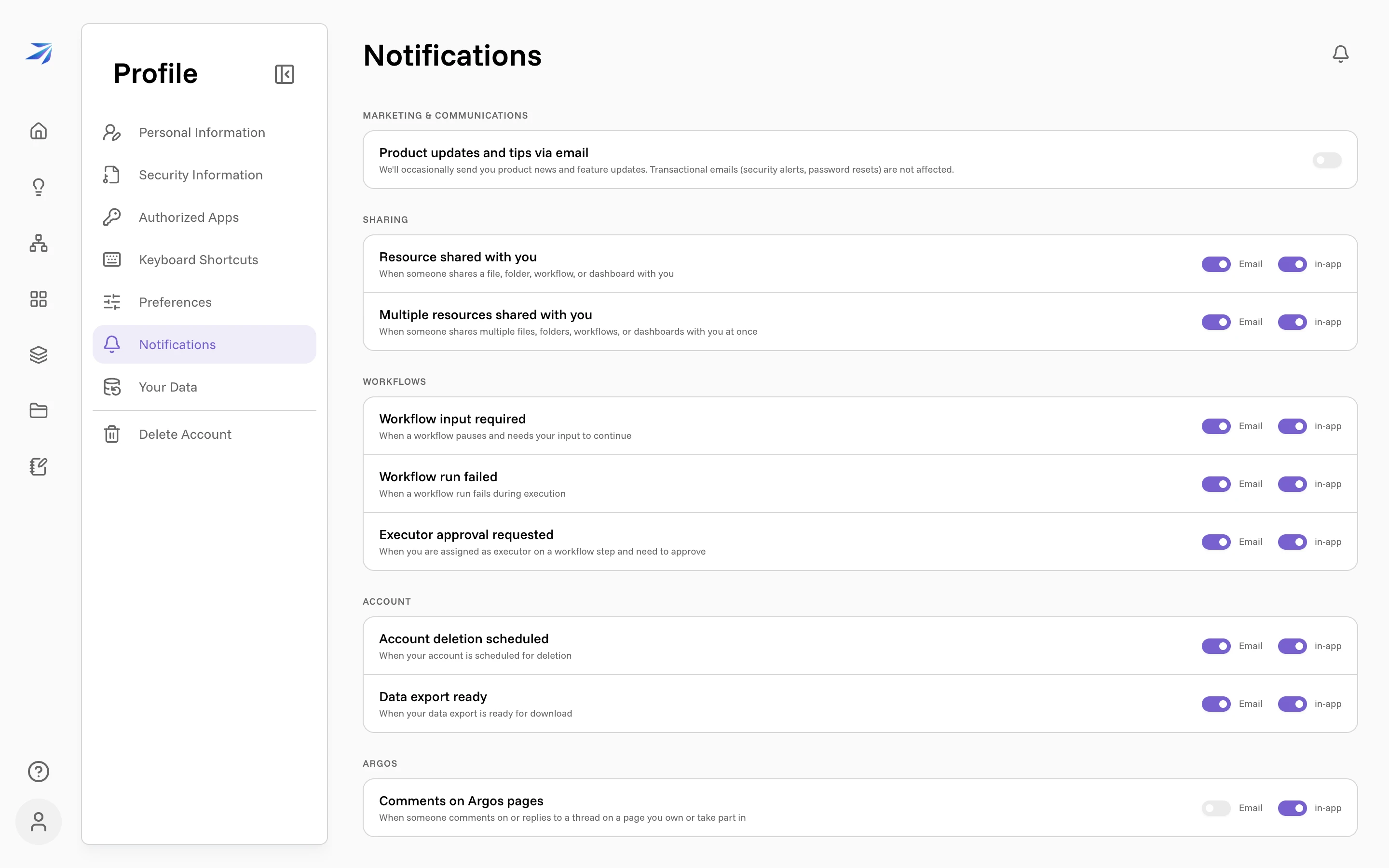 The Notifications page with per-event Email and in-app switches, grouped by category