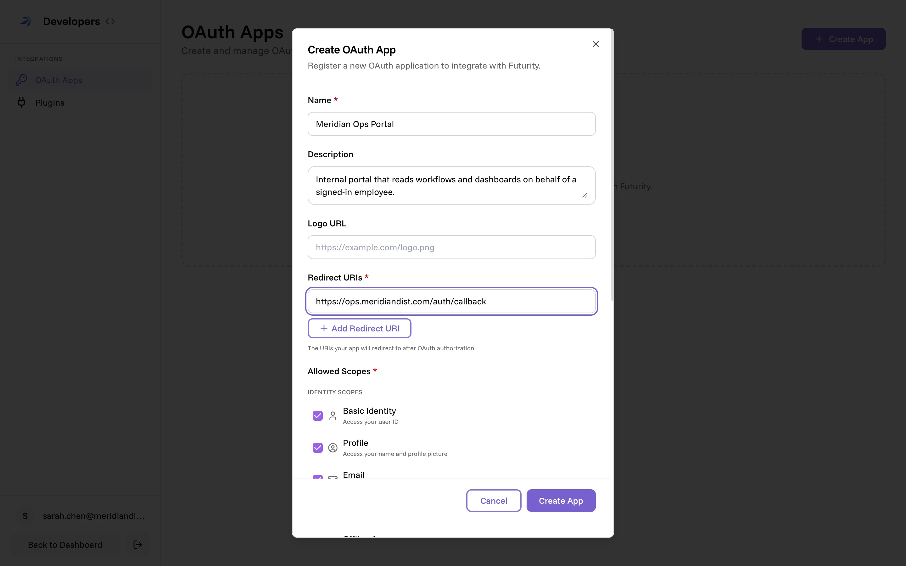 The Create OAuth App dialog with a name, description, redirect URI, and the start of the scope list