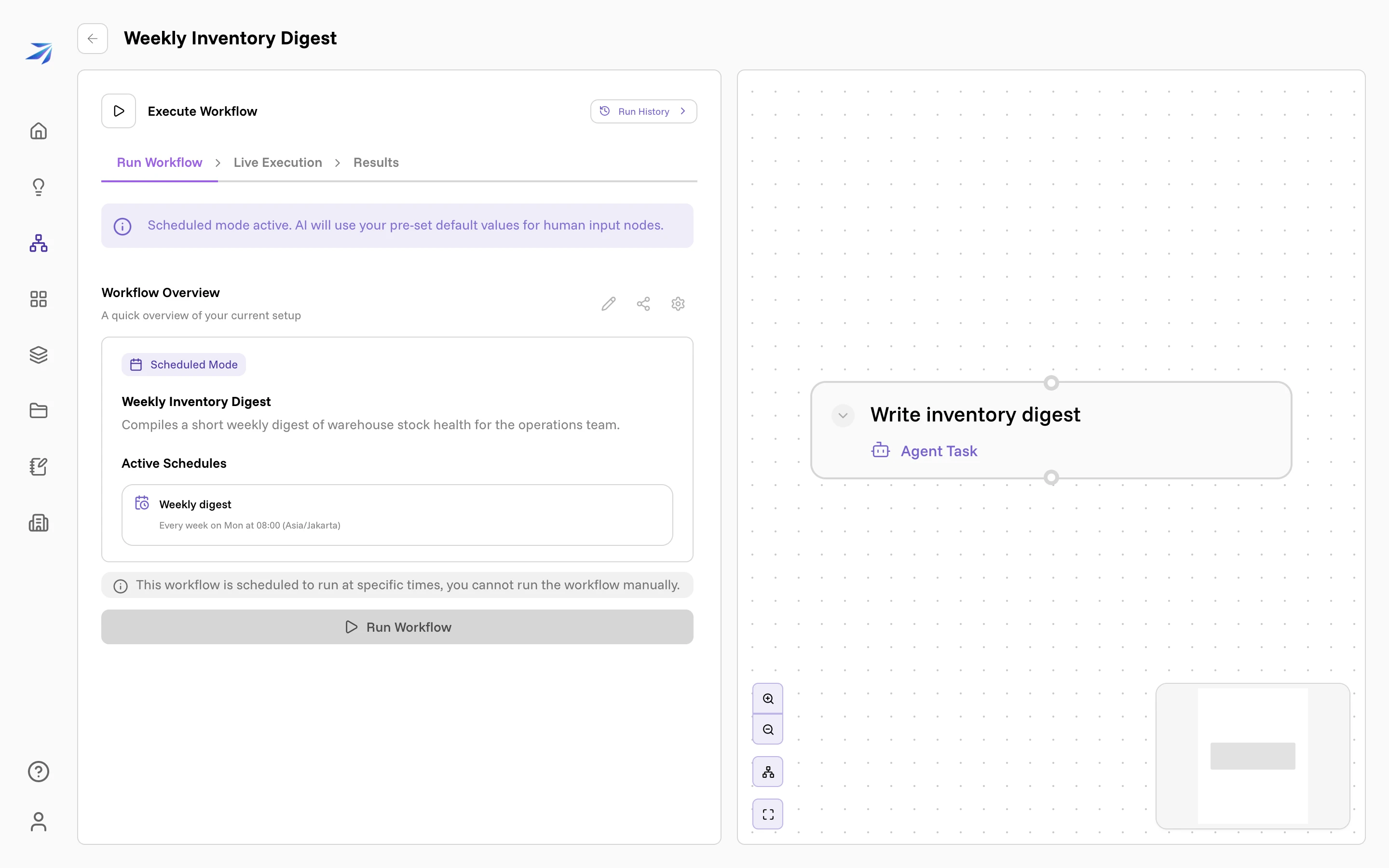 A scheduled workflow: the Scheduled Mode chip, an Active Schedules card, and a disabled Run Workflow button