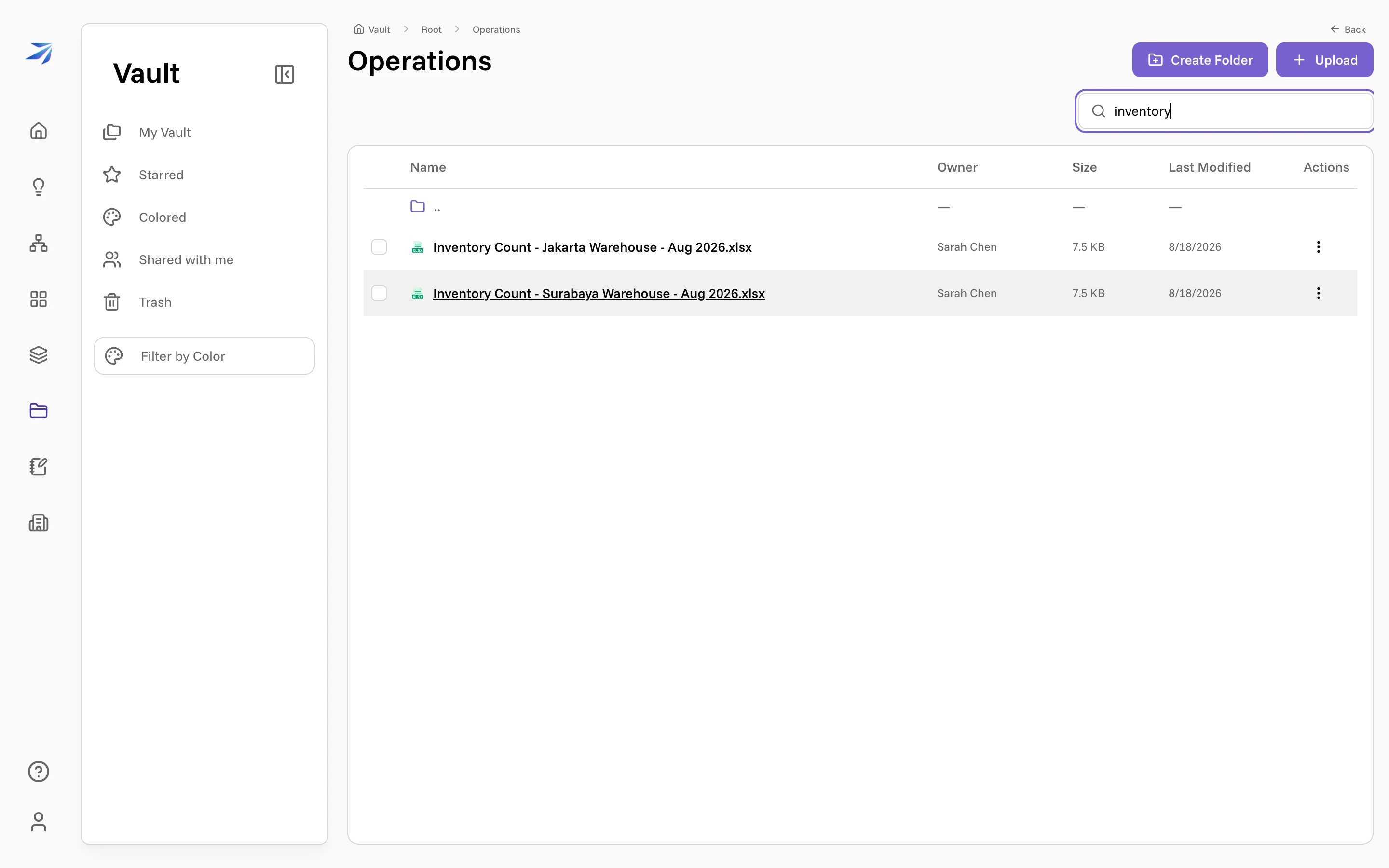 The Operations folder filtered by the word "inventory", showing only the two matching spreadsheets