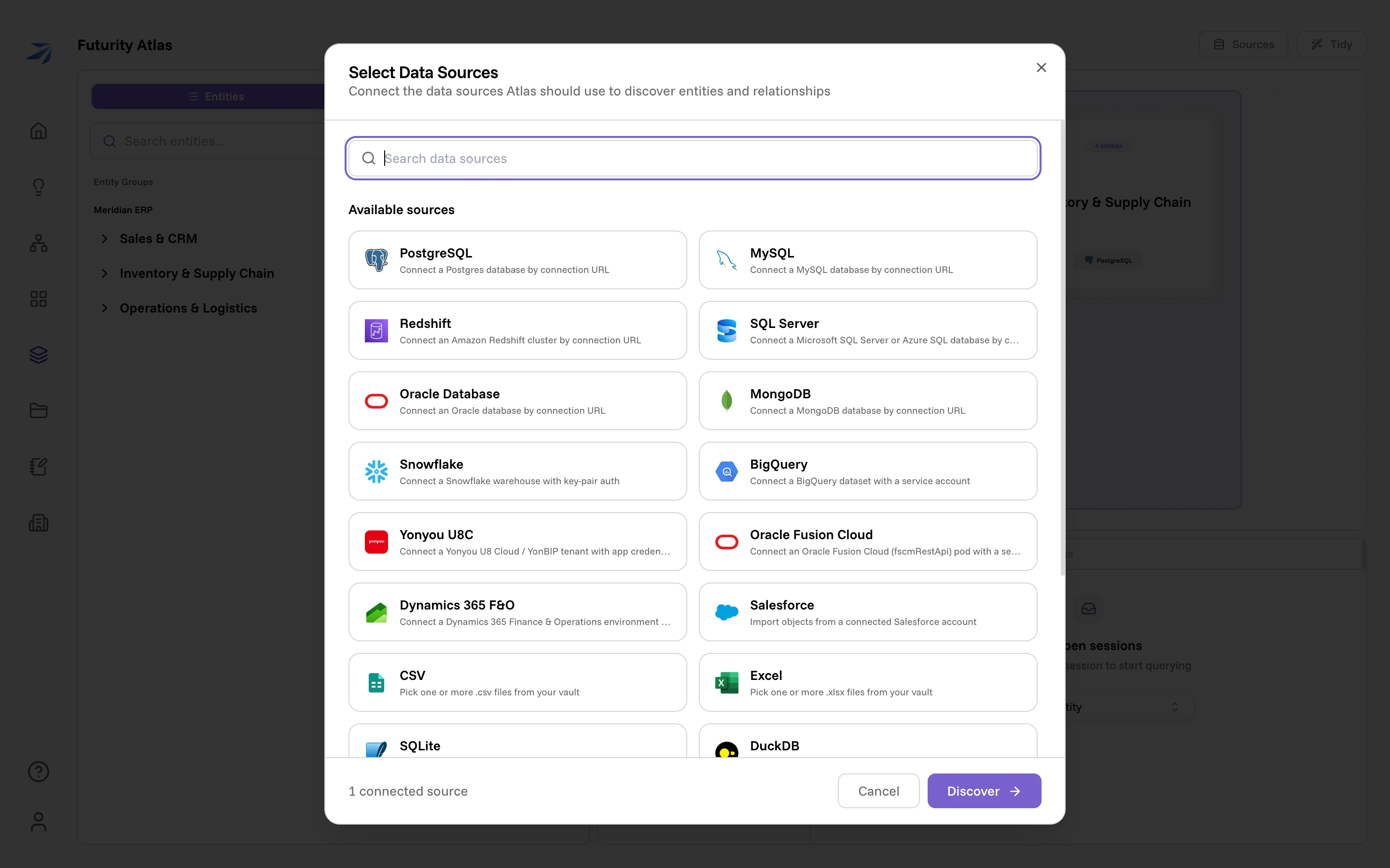 The Select Data Sources dialog listing PostgreSQL, MySQL, Redshift, SQL Server, Oracle Database, MongoDB, Snowflake, BigQuery and more