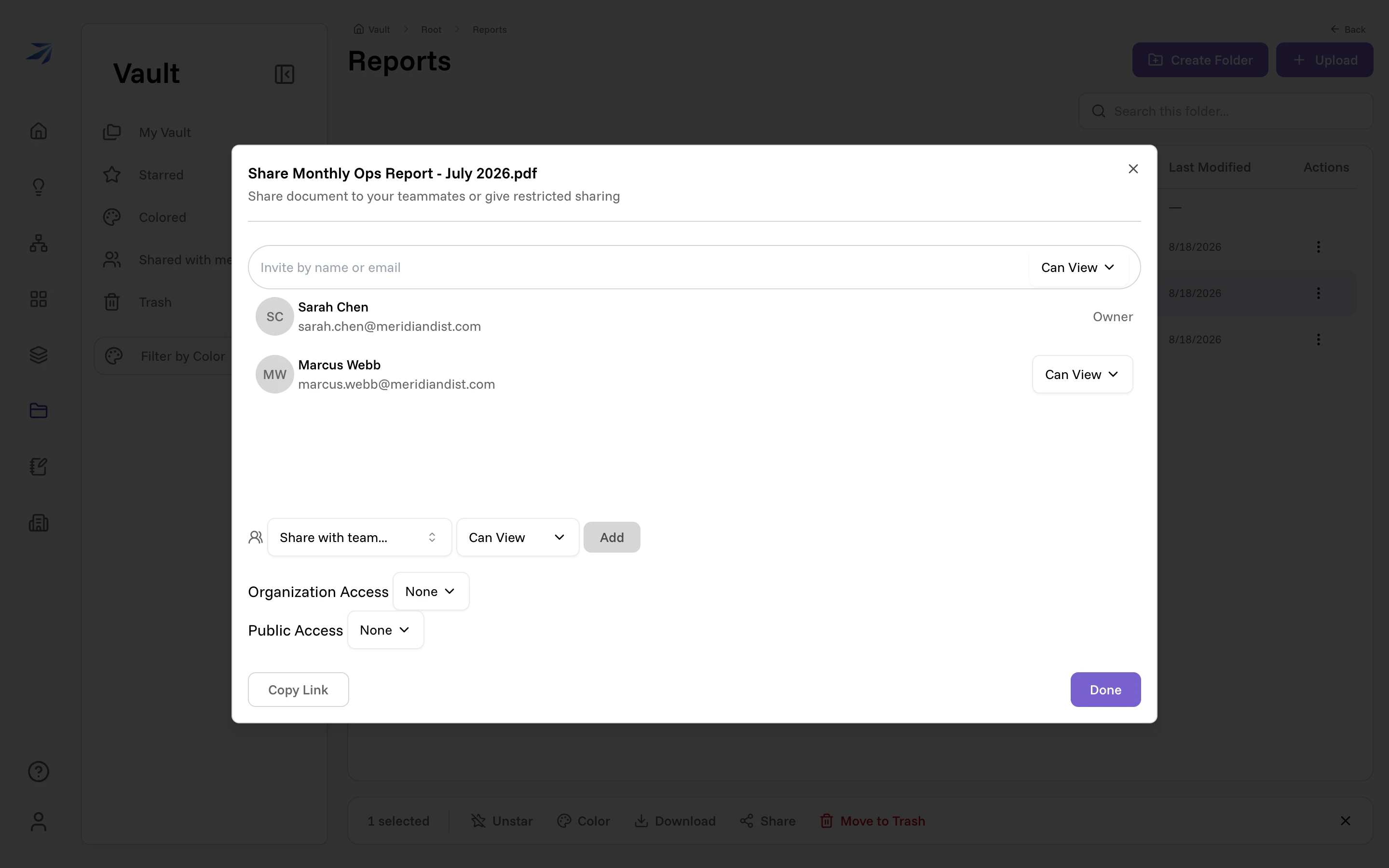 The Share dialog for a monthly report: owner row, a teammate with Can View, team sharing, Organization Access, and Public Access