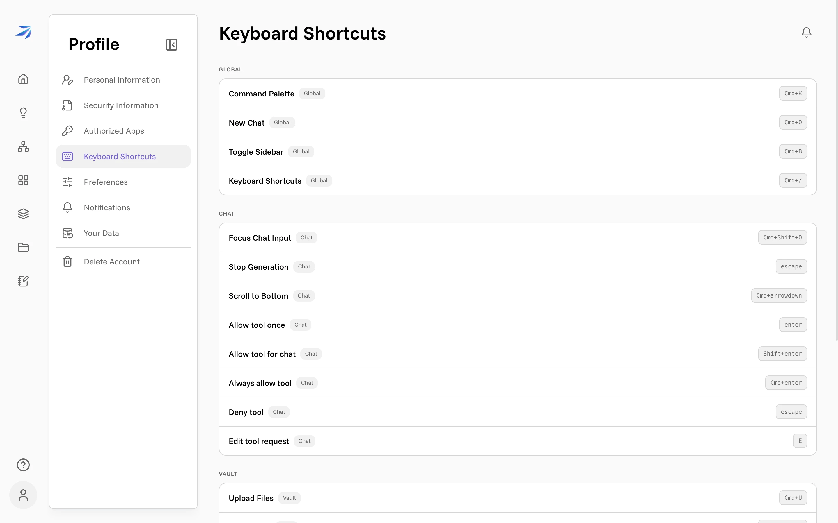 The Keyboard Shortcuts page, grouped into Global, Chat, Vault, Workflows, and Dashboards