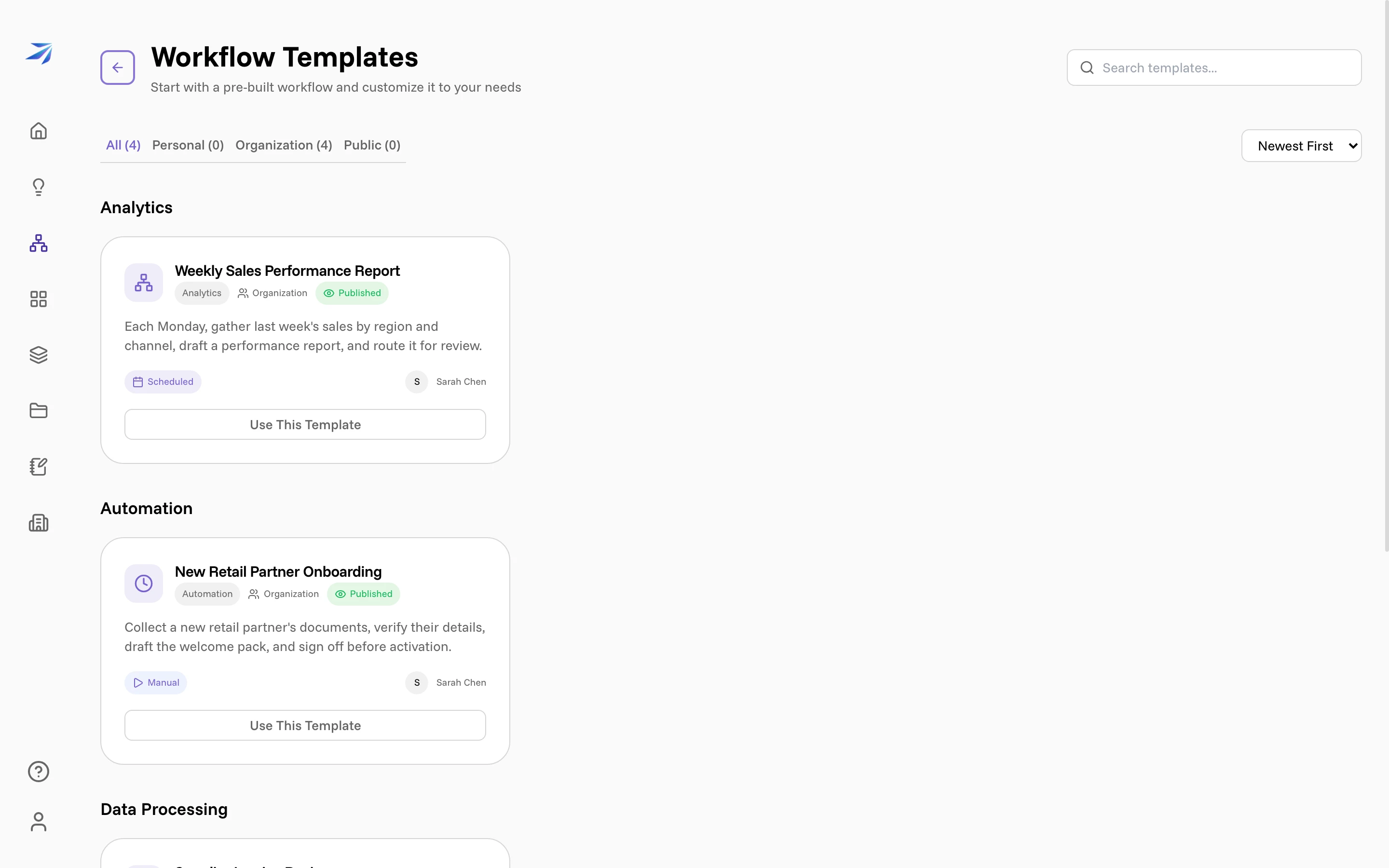 The Workflow Templates library, with organization templates grouped by category