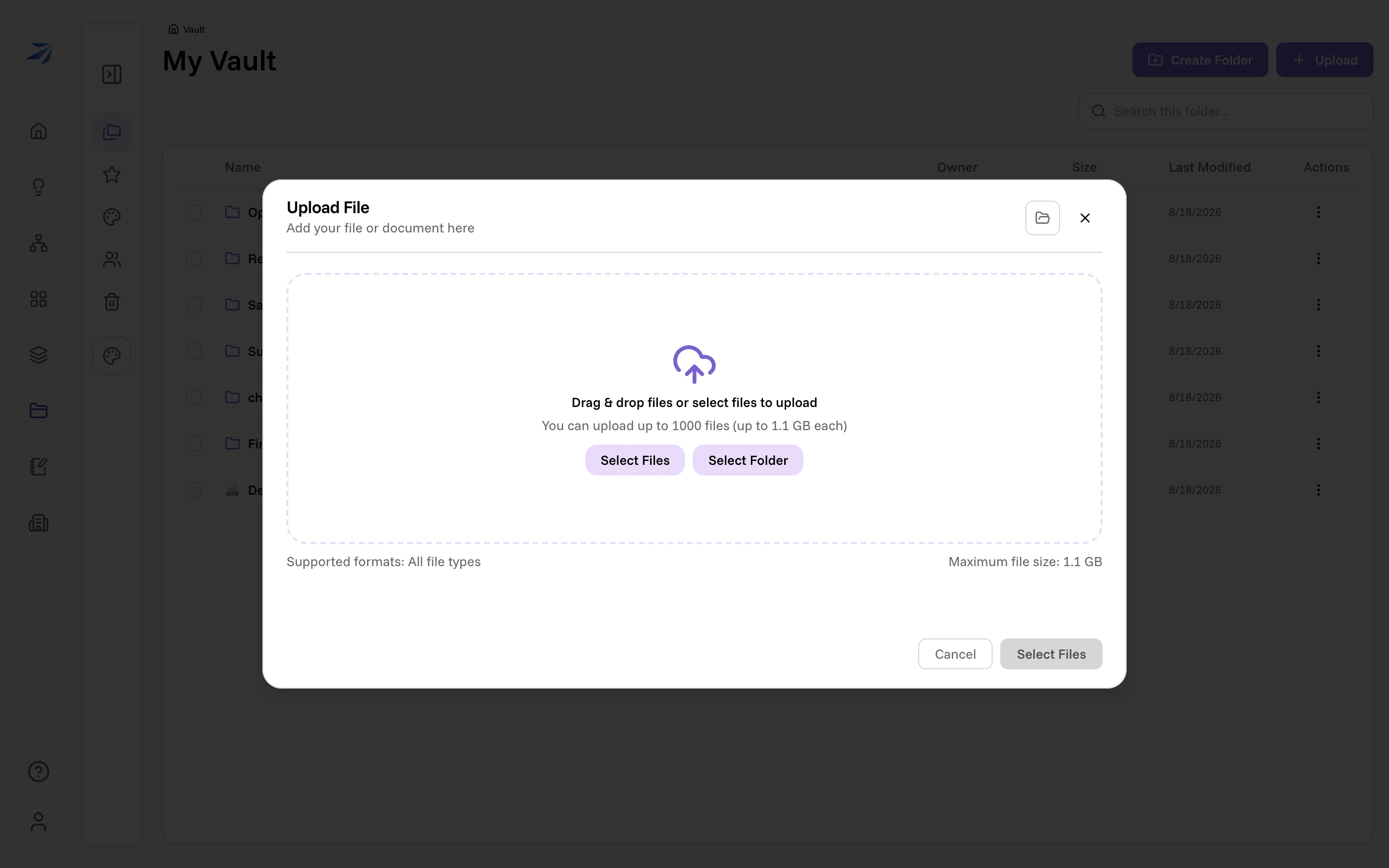 The Vault upload dialog: a drag-and-drop area with Select Files and Select Folder buttons