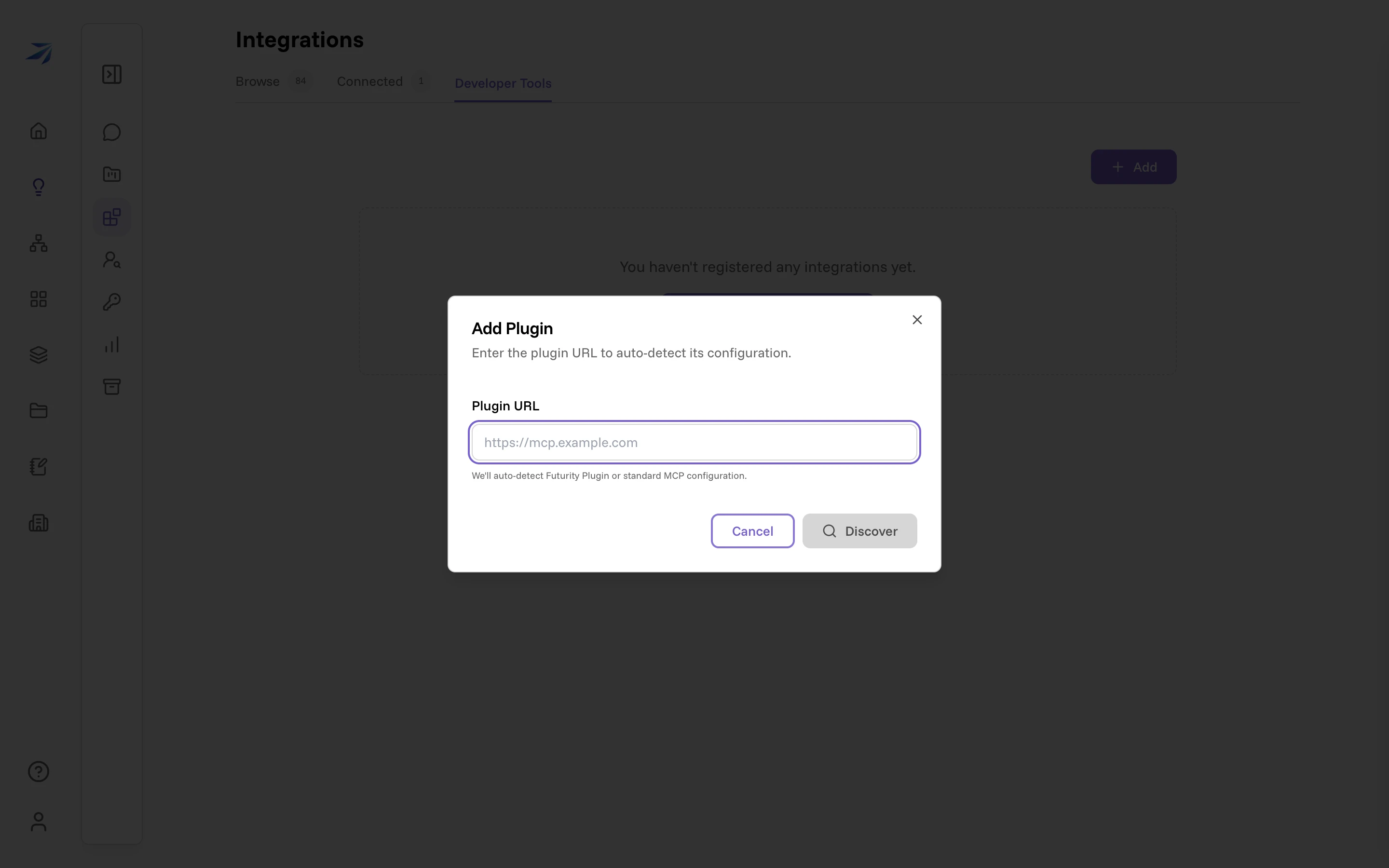 The Add Plugin dialog, empty, waiting for the plugin's base URL