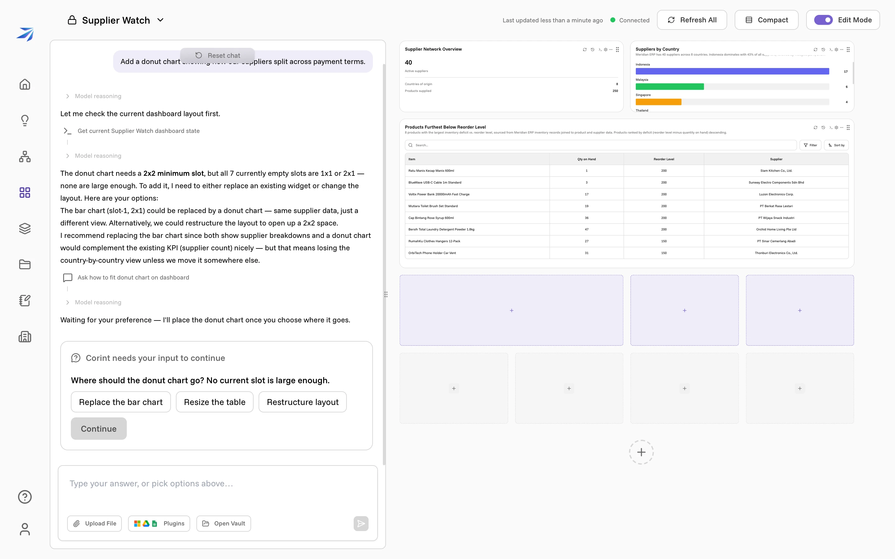 The builder chat pausing to ask where the donut chart should go, offering three options and a Continue button