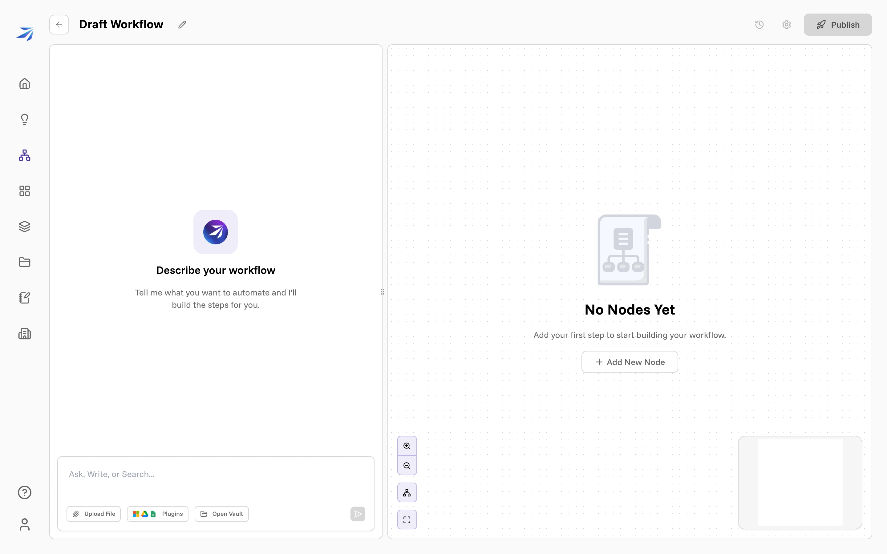 The empty workflow builder: the Describe your workflow chat on the left, the No Nodes Yet canvas with an Add New Node button on the right