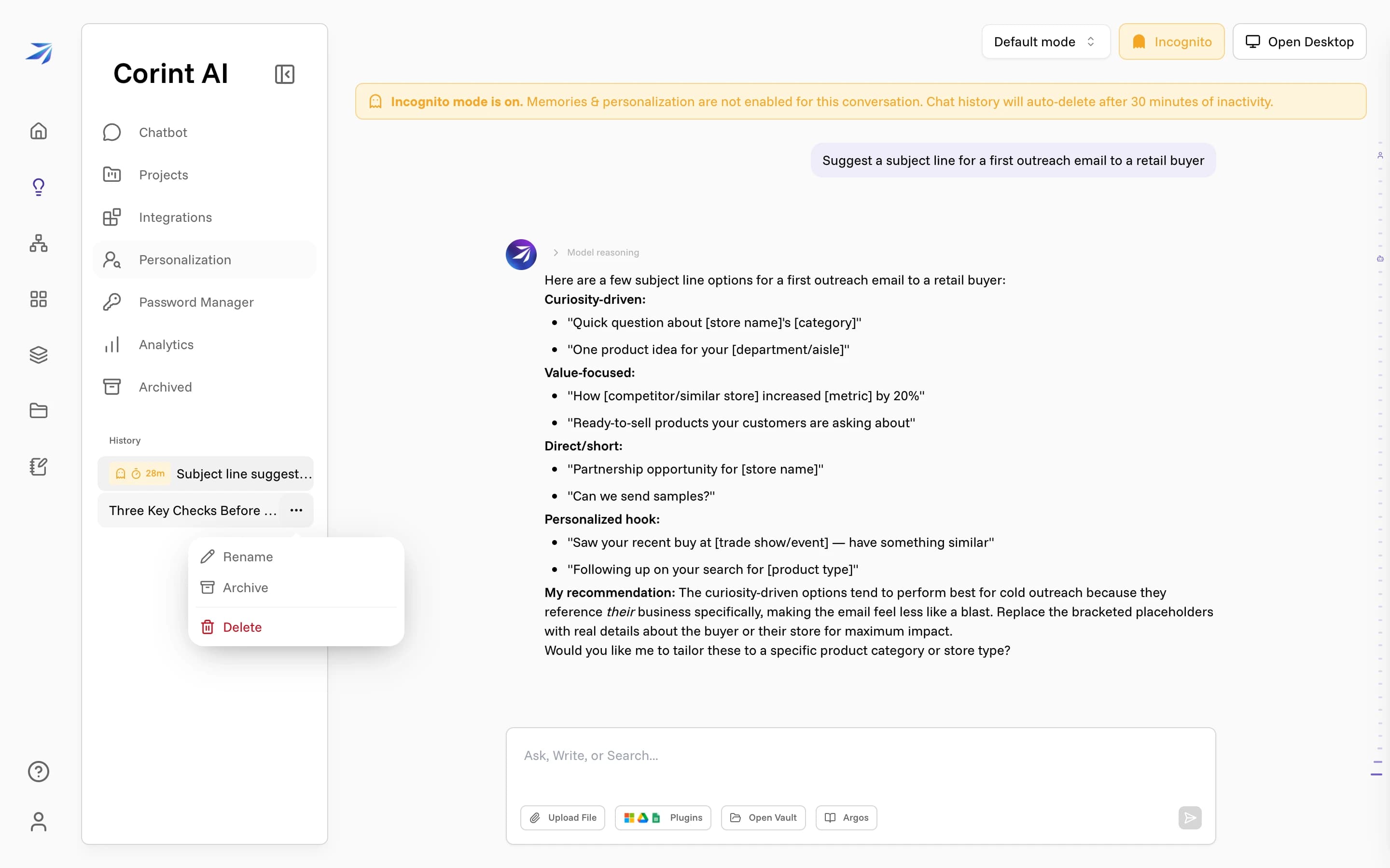 The chat menu open in the sidebar, offering Rename, Archive, and Delete