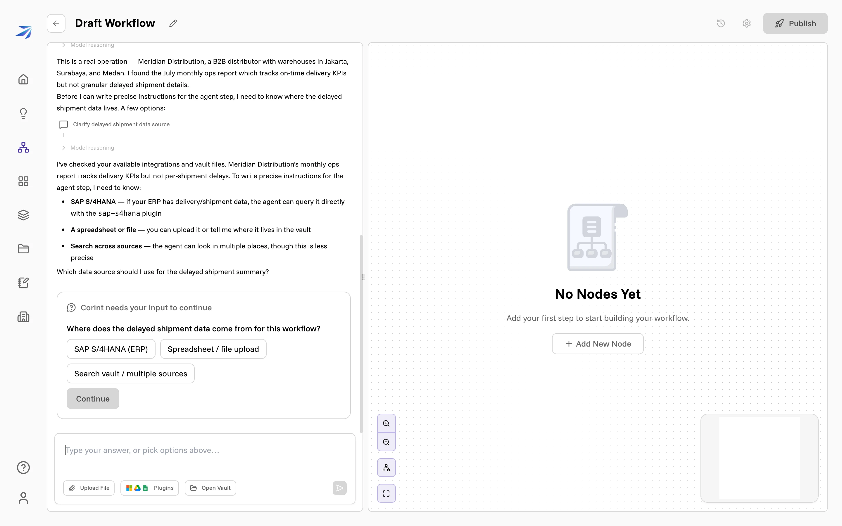 The builder asking which data source to use, with three answer options and a free-text box