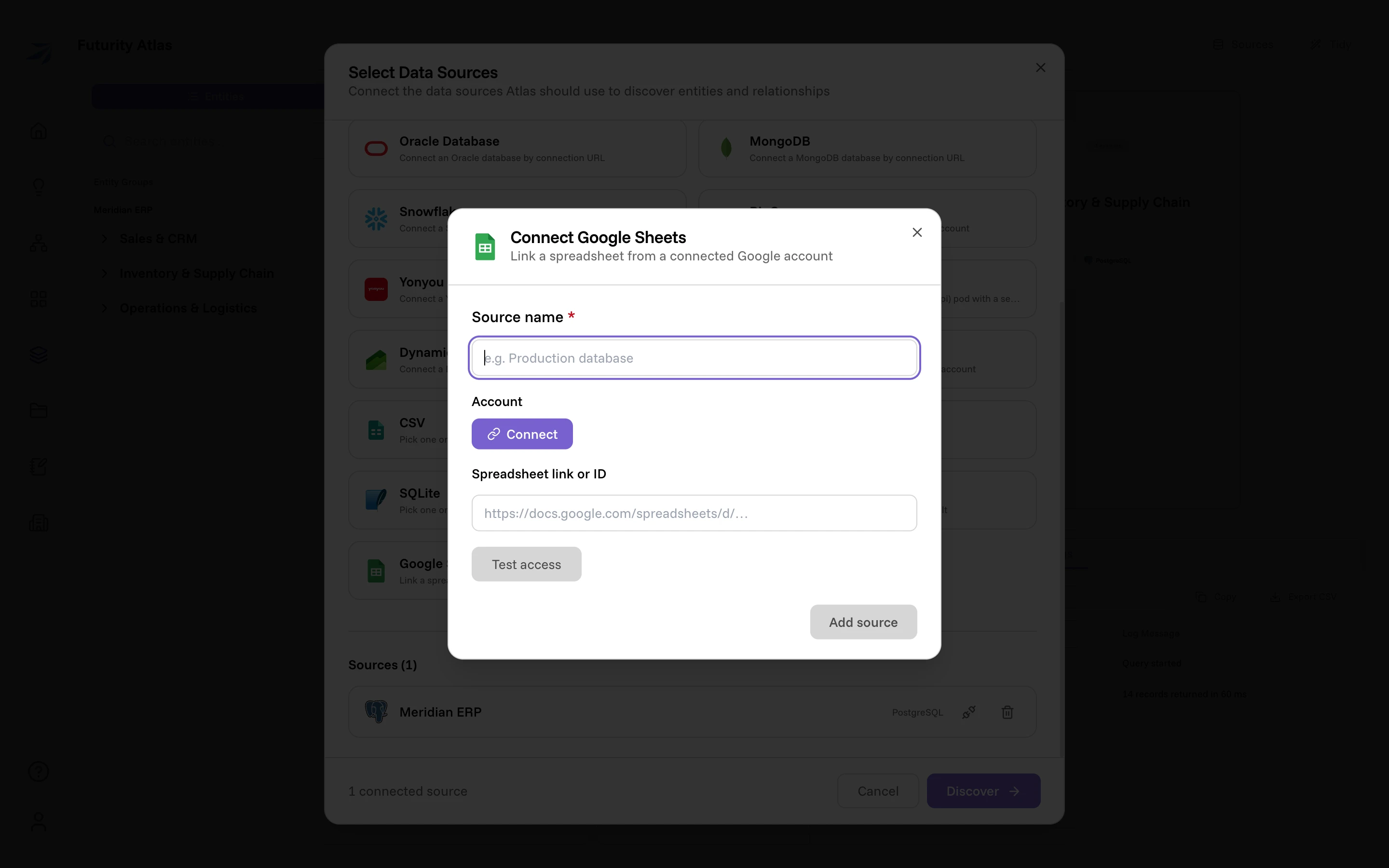 The Connect Google Sheets form: source name, an Account section with a Connect button, and a spreadsheet link field