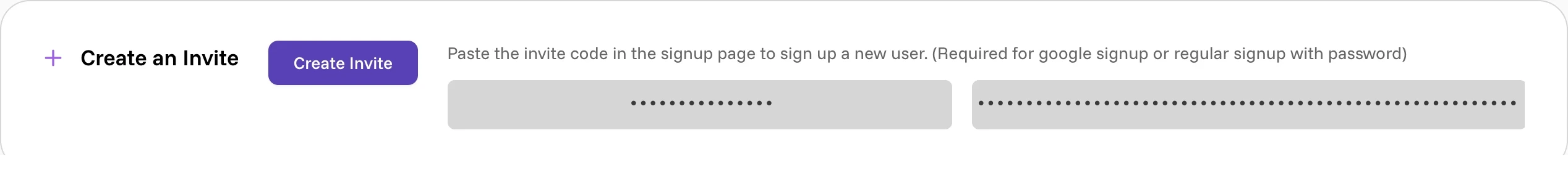 The Create an Invite card showing a generated invite code and its matching link