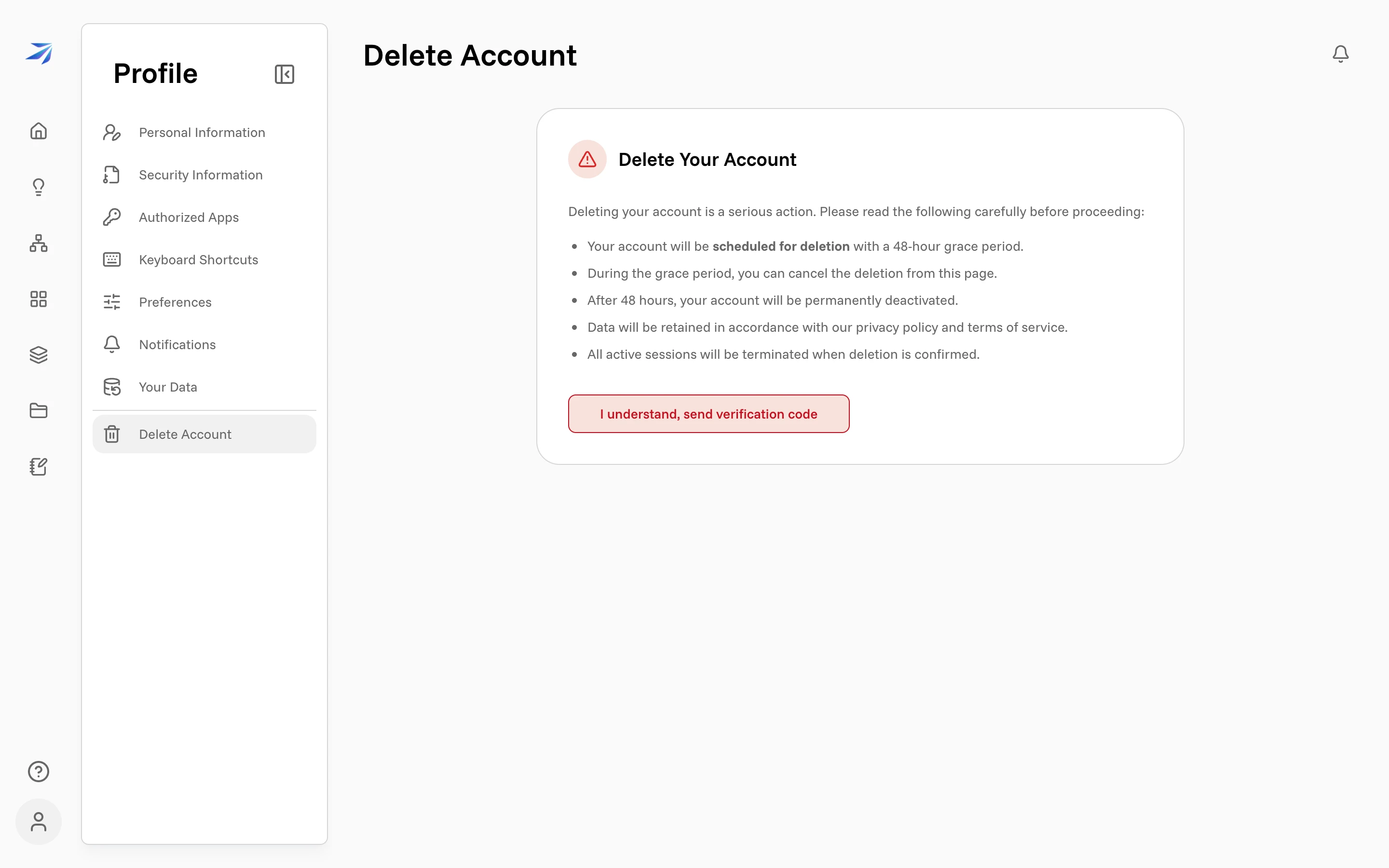 The Delete Account page listing the consequences before any action is taken