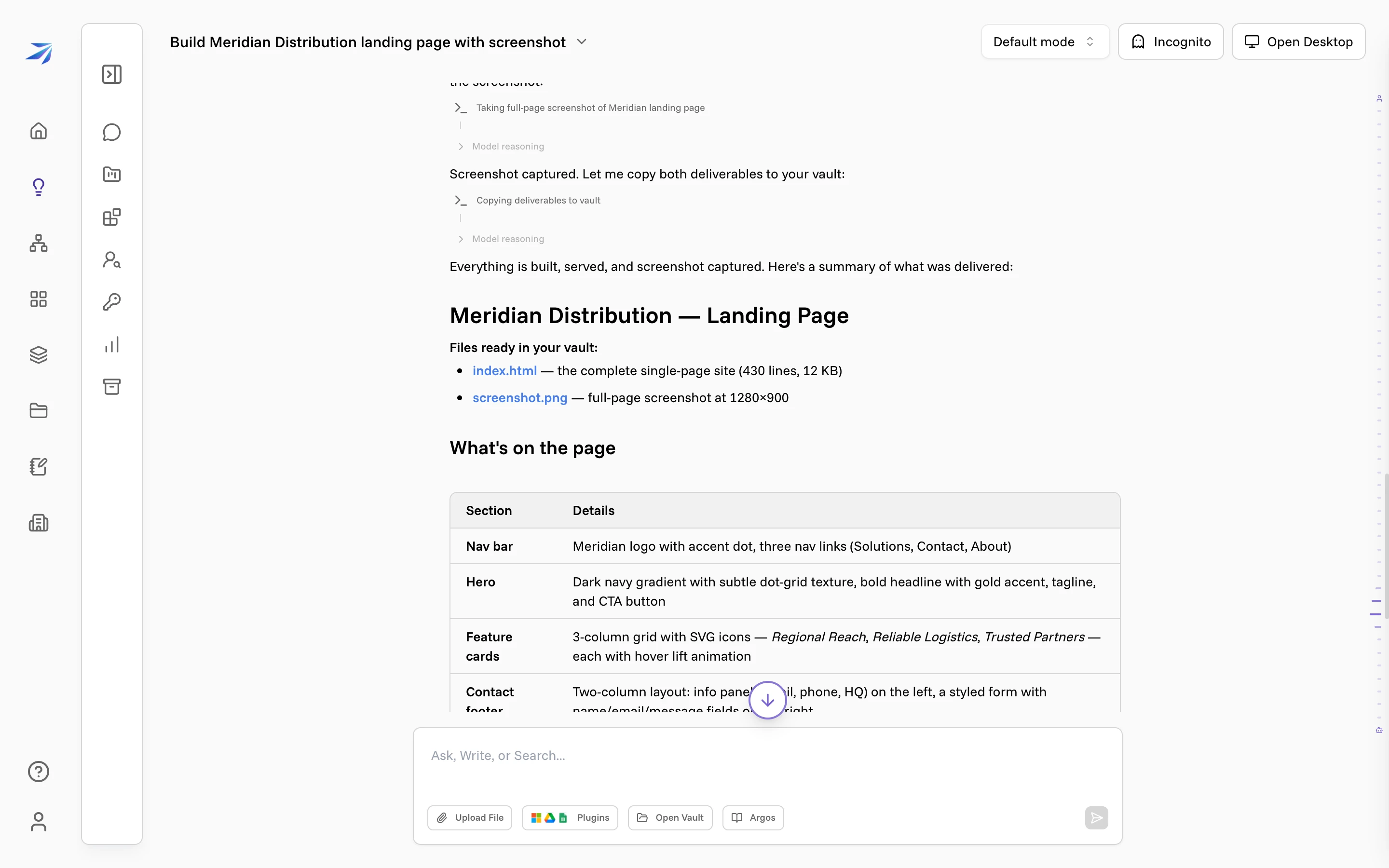 Corint's closing summary titled "Meridian Distribution — Landing Page", listing the index.html and screenshot.png files saved to the Vault and a table describing each section of the page