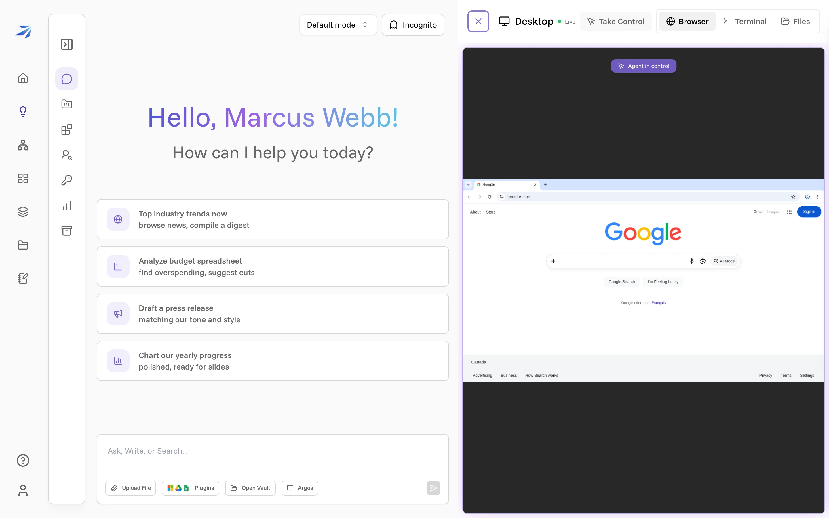 The Desktop panel showing a live browser session with Corint in control