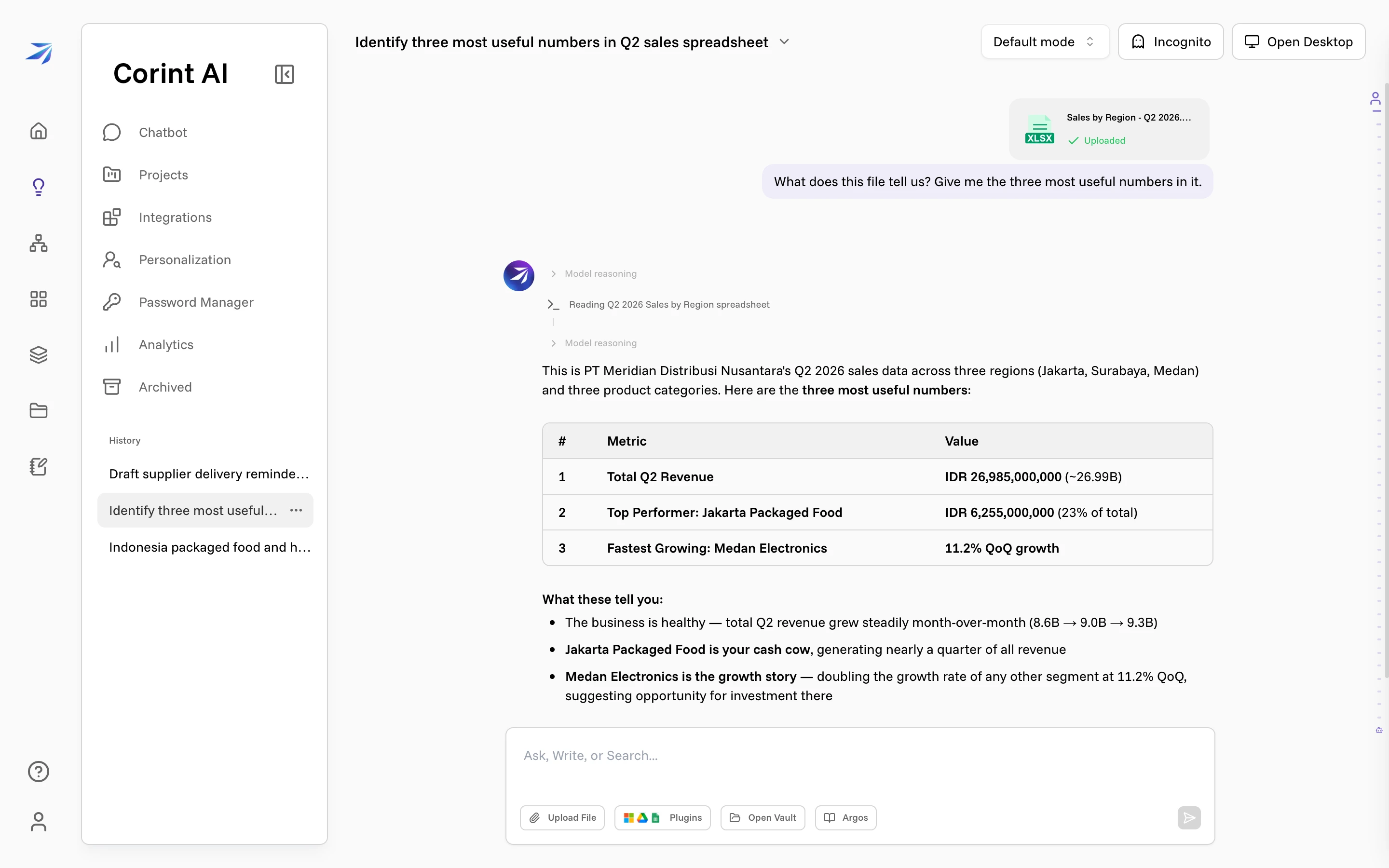 A chat with an attached spreadsheet, the read step, and an answer built from the file's numbers