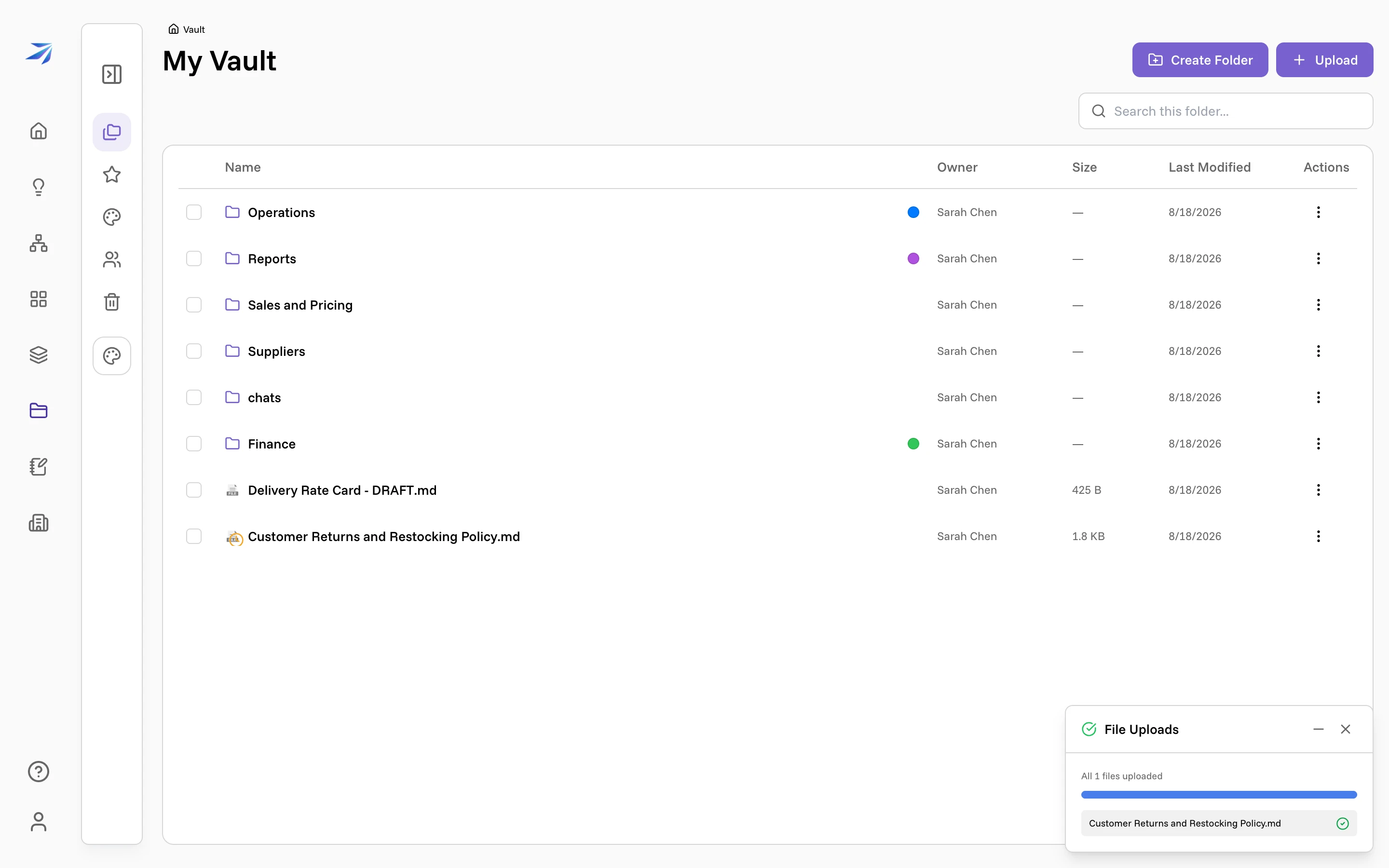 My Vault showing the newly uploaded Customer Returns and Restocking Policy file, with an upload-complete notice in the corner