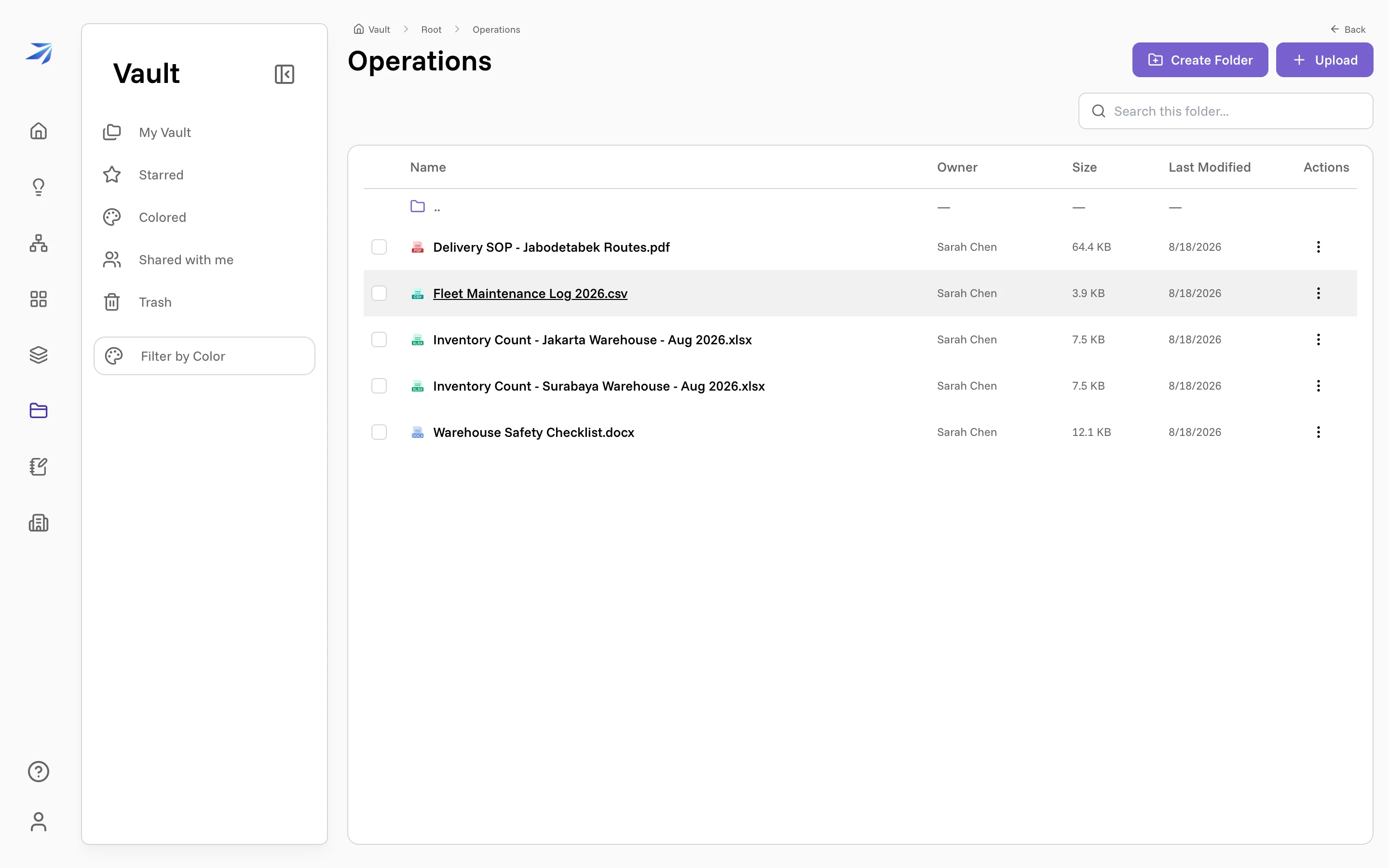 Inside the Operations folder: a PDF, a CSV, two spreadsheets, and a Word document