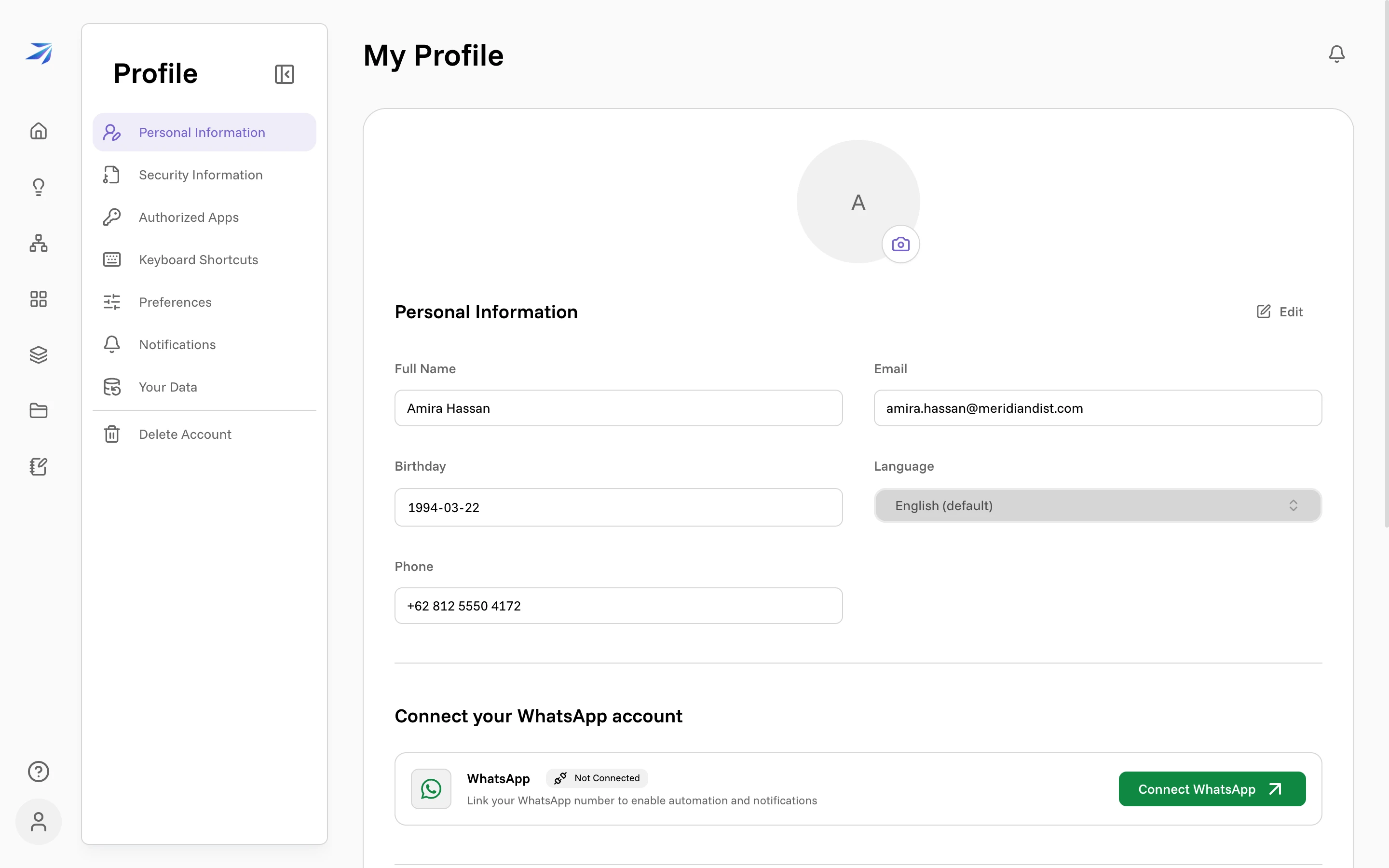 The Personal Information page with name, email, birthday, language, and phone