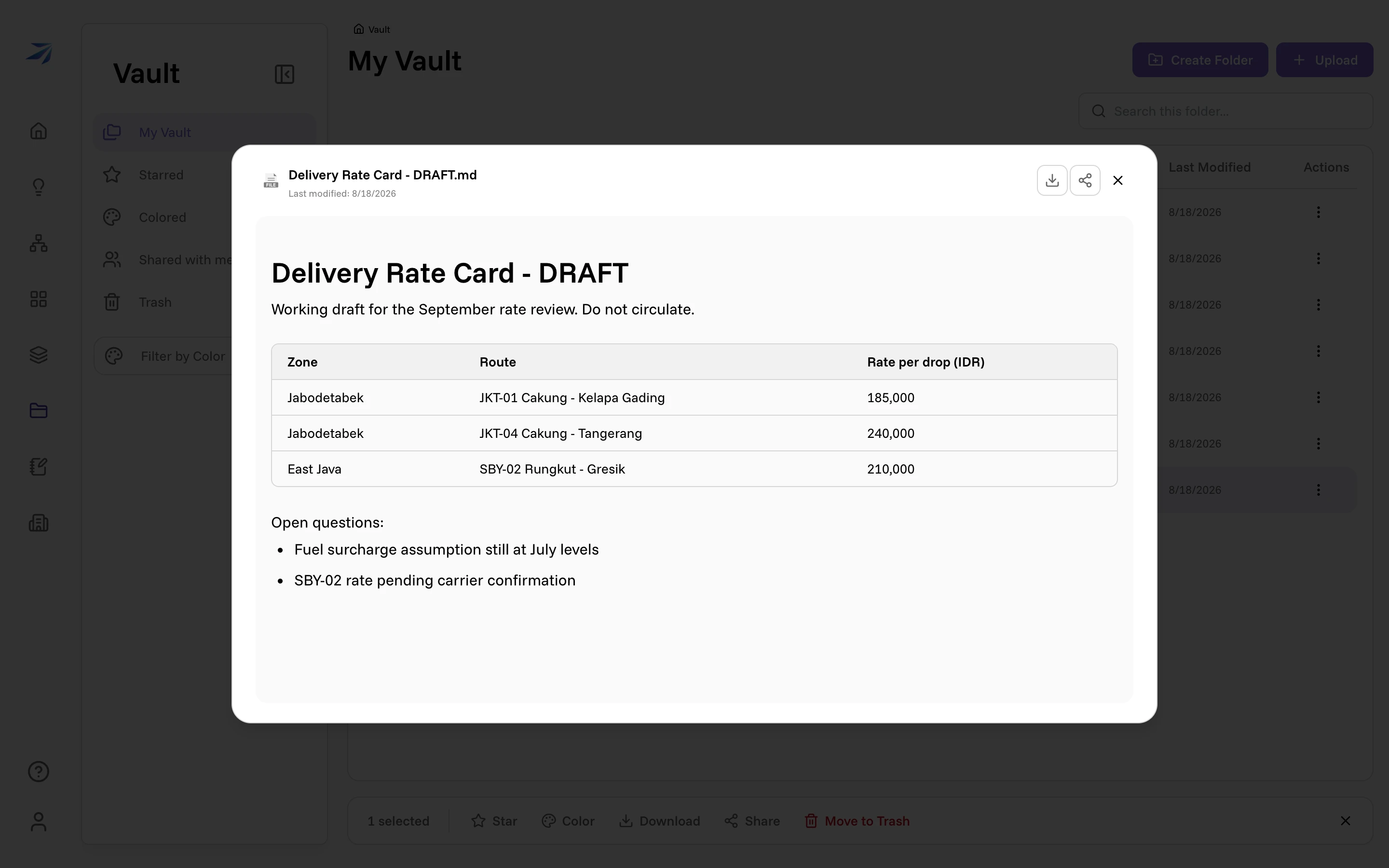 A markdown file rendering as a formatted document in the preview overlay