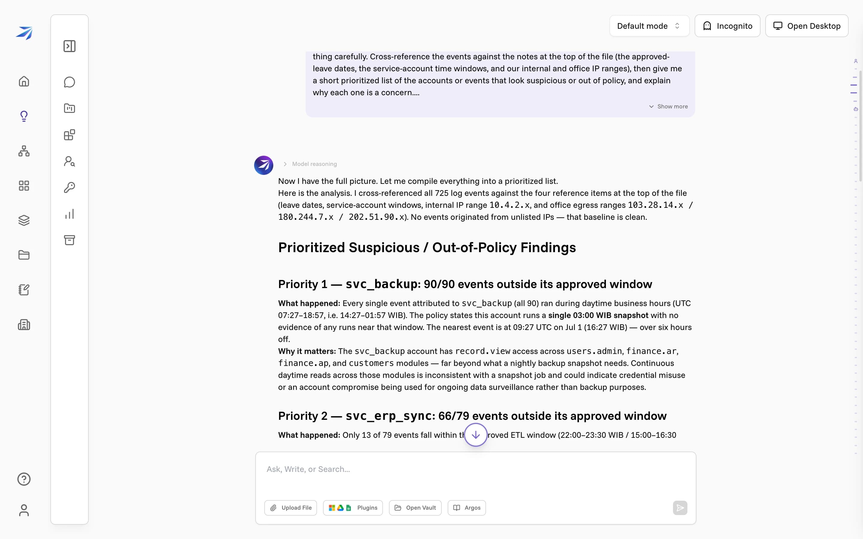 Corint's prioritized findings: service accounts running outside their windows, an account active during approved leave, and a cluster of failed logins
