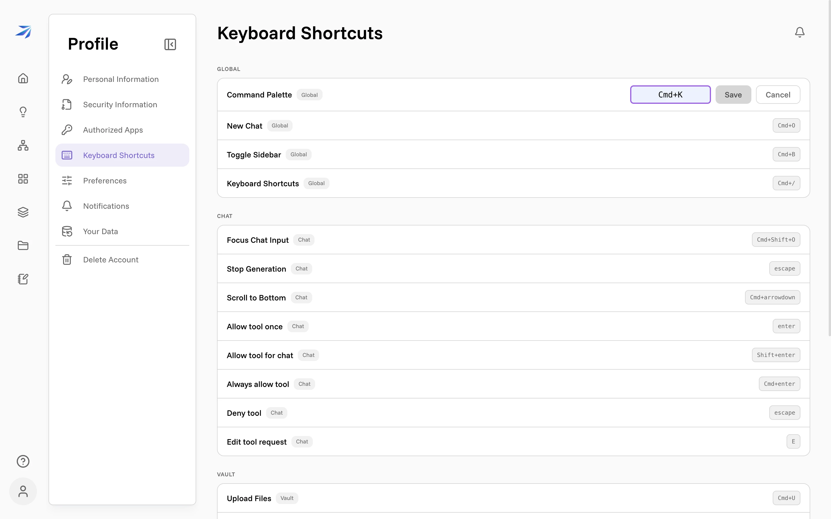 The rebind editor open on a shortcut, showing the capture box with Save and Cancel