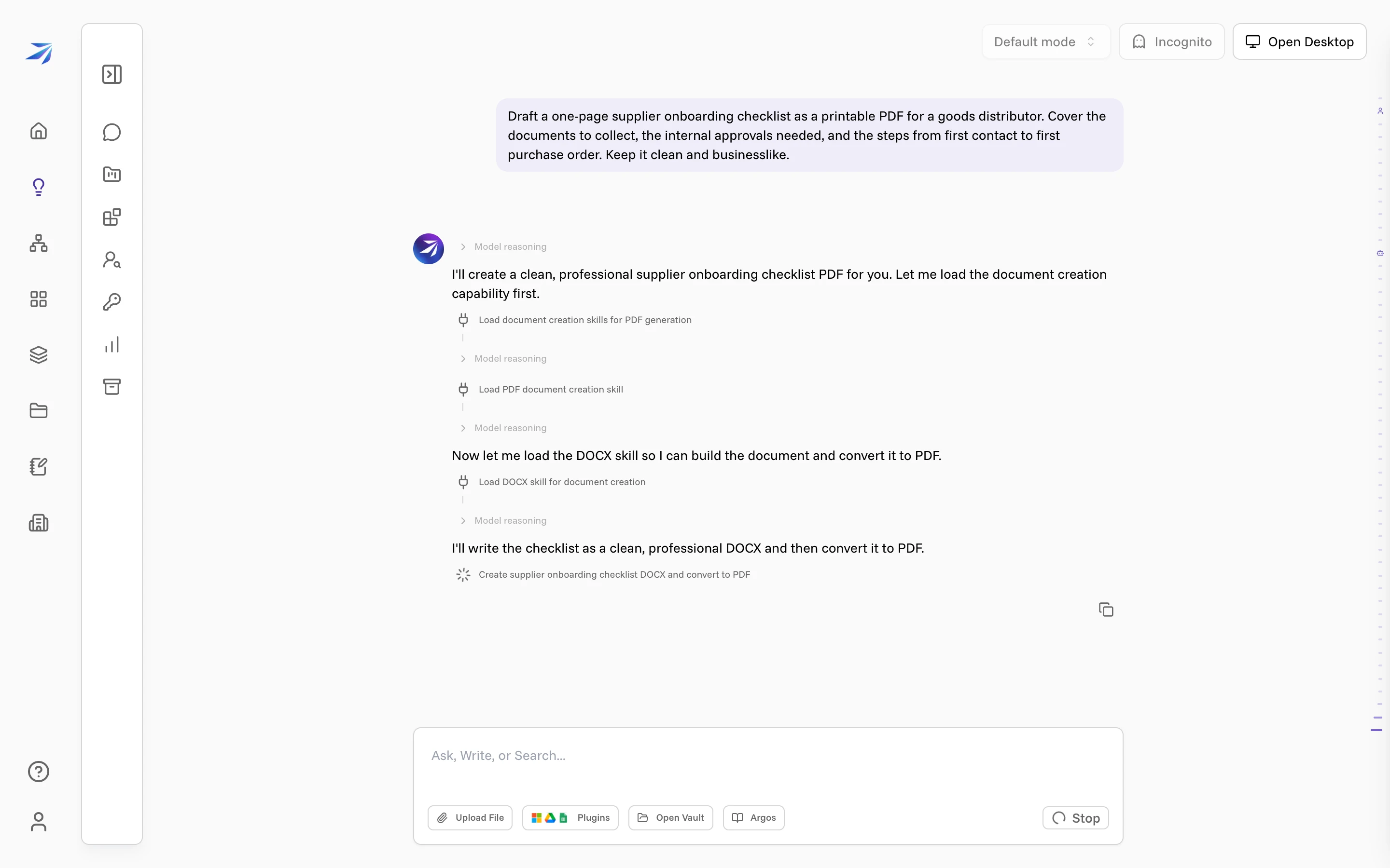 Corint working: tool steps loading the document creation skills, then a running step to create the checklist and convert it to PDF