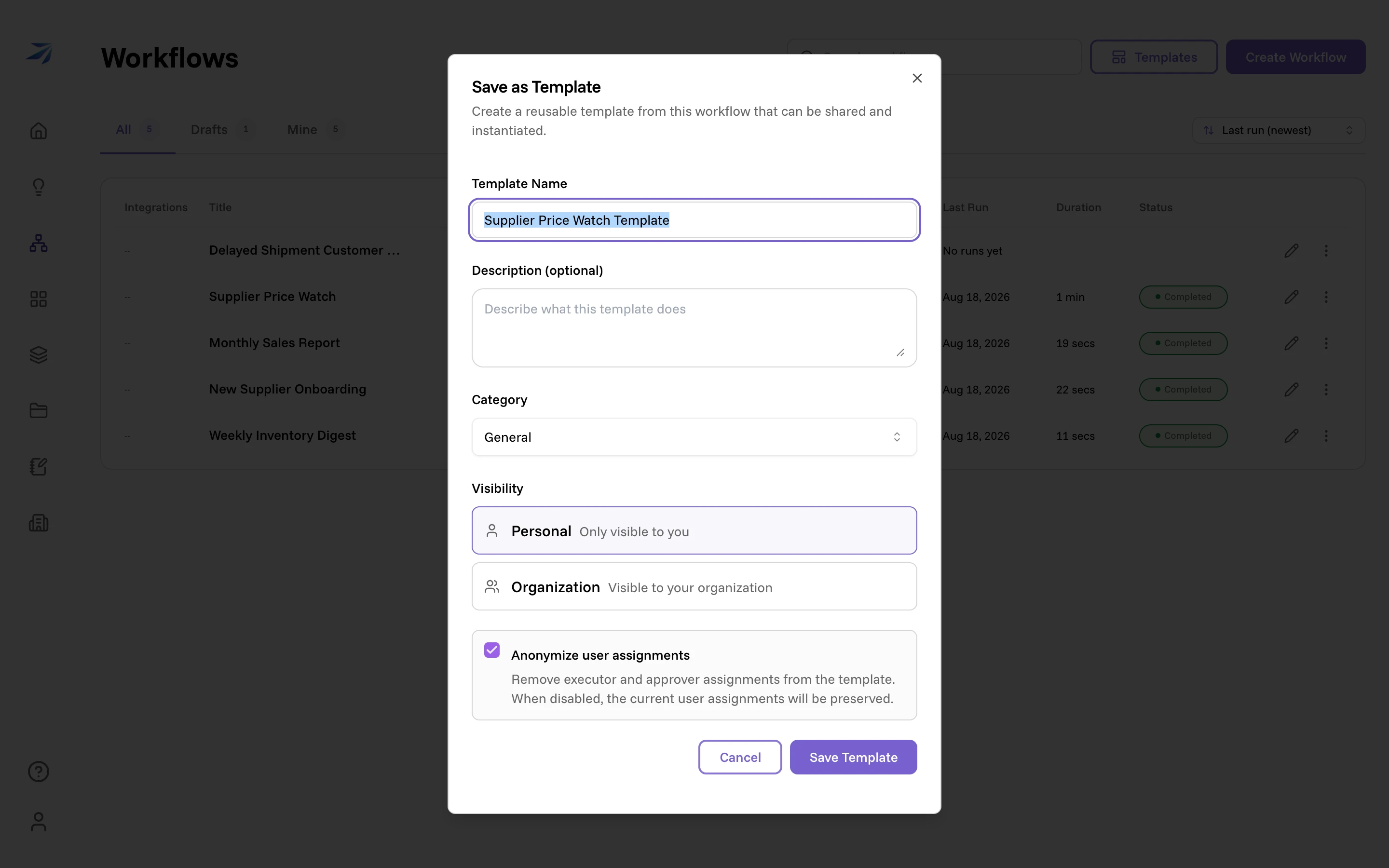 The Save as Template dialog: name, description, category, visibility, and the anonymize option