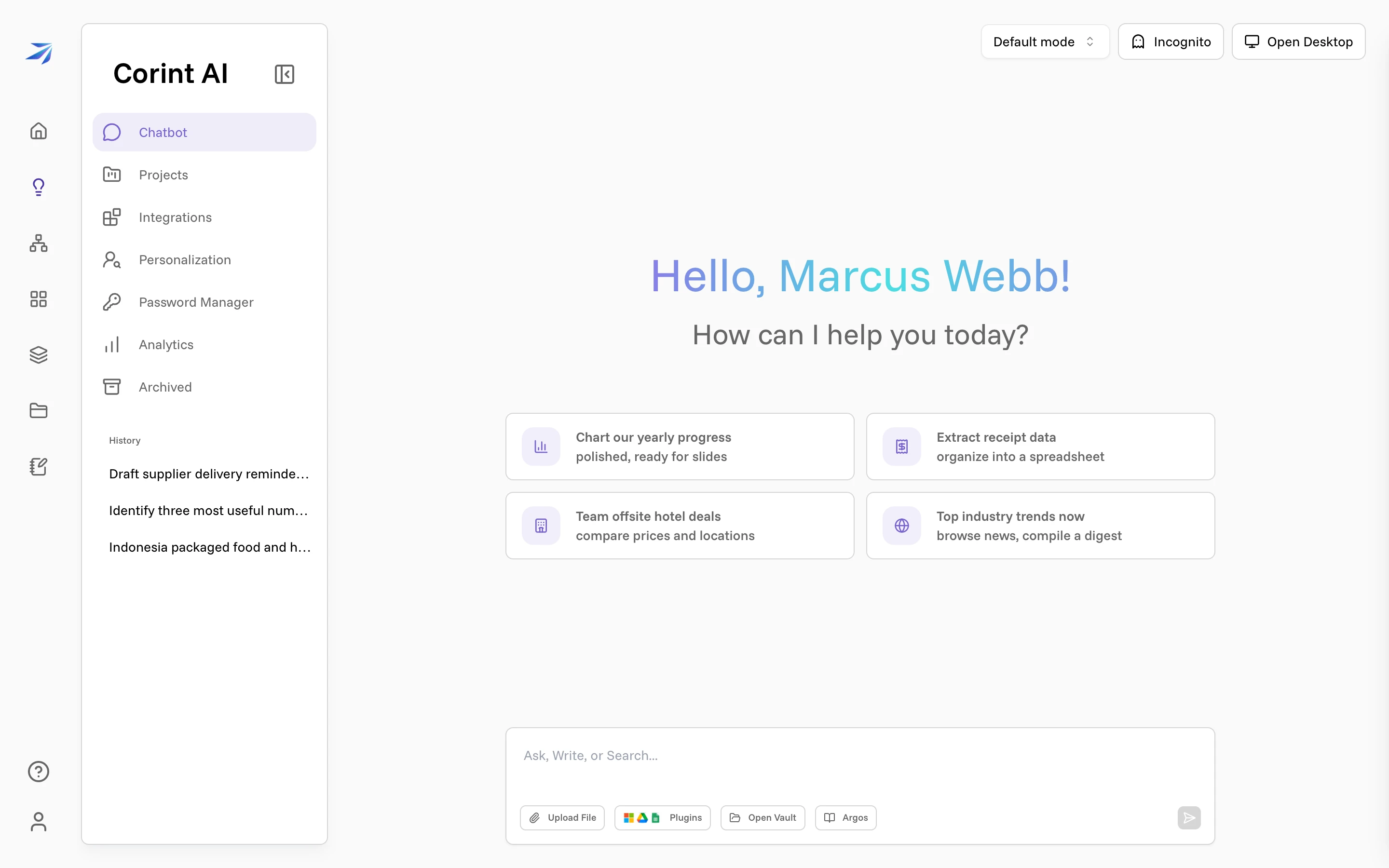 The Corint sidebar expanded, showing its sections and chat History