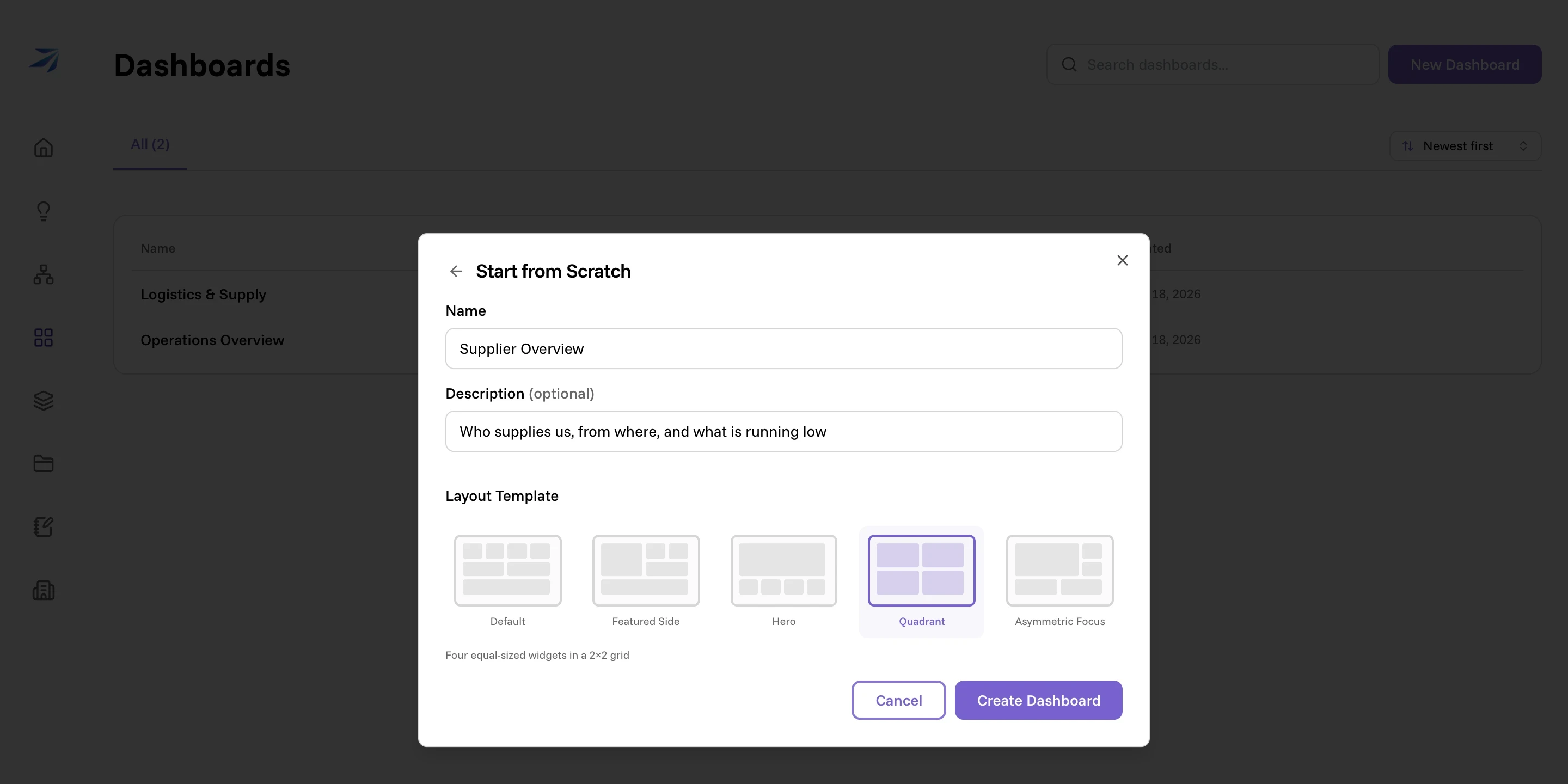 Start from Scratch: a name, an optional description, and five layout templates with Quadrant selected