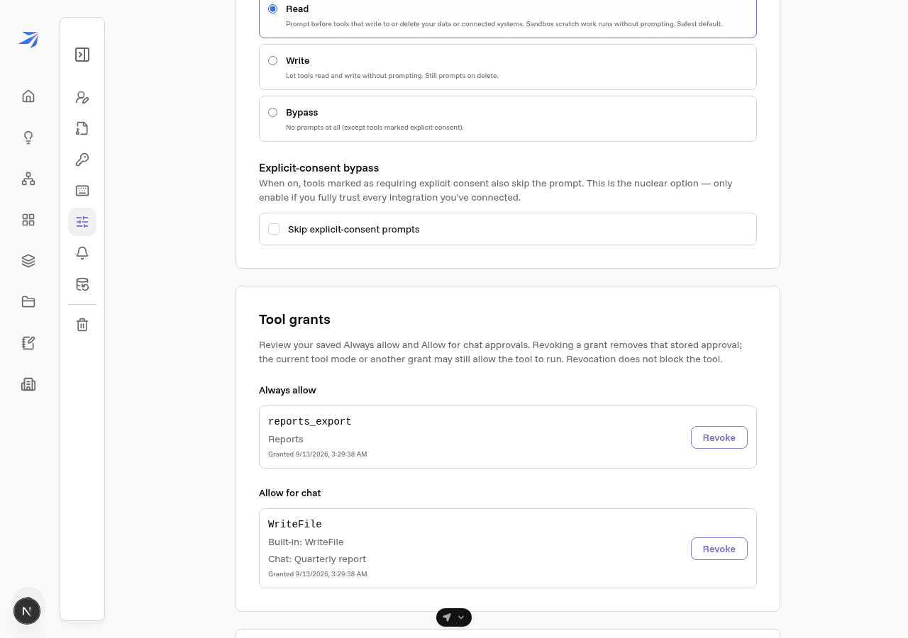 Saved user and chat tool grants with individual Revoke actions