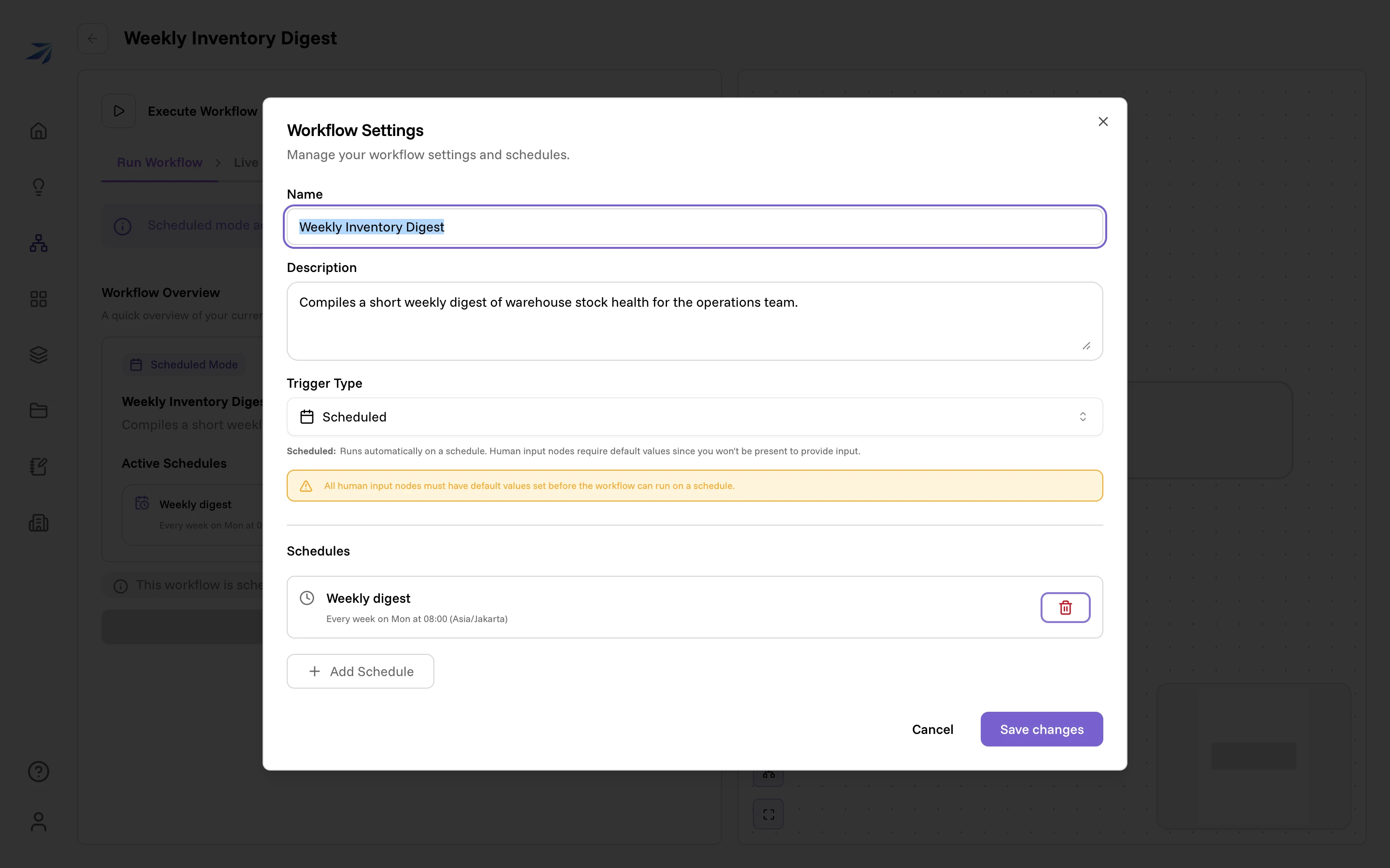 The Workflow Settings dialog with Trigger Type set to Scheduled and one schedule listed
