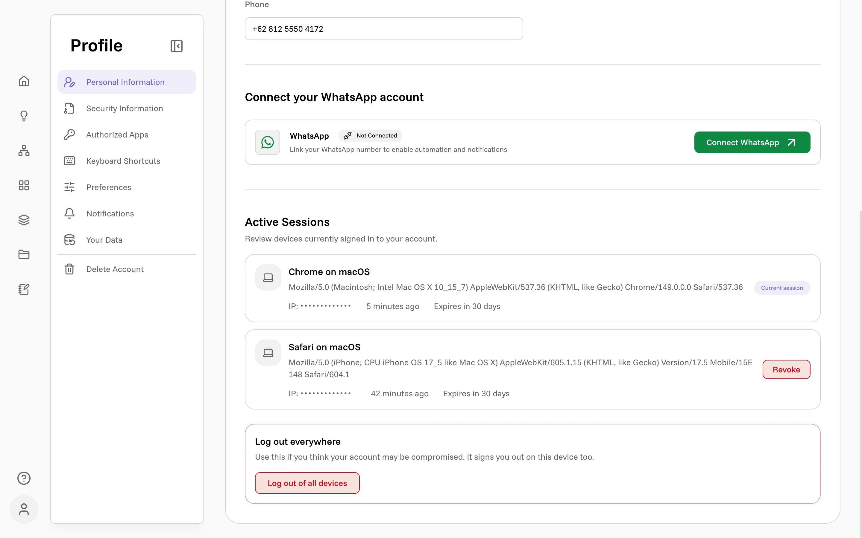 Active Sessions listing two devices, with a Revoke button on the second
