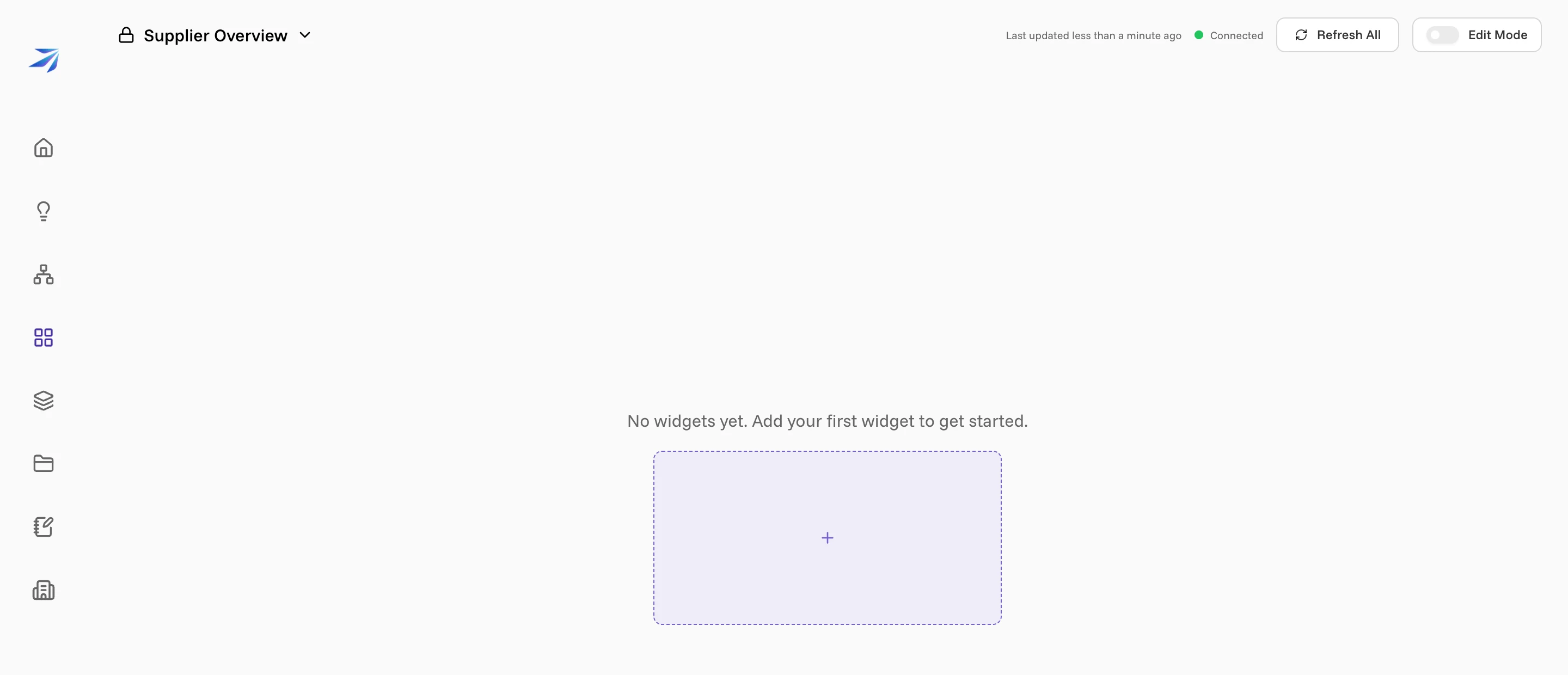 The empty Supplier Overview dashboard with one dashed slot and a plus
