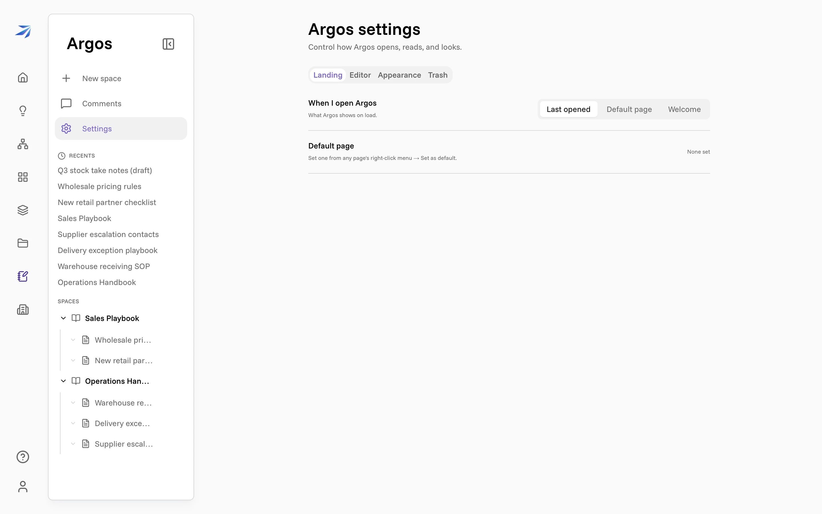The Argos settings page on the Landing tab