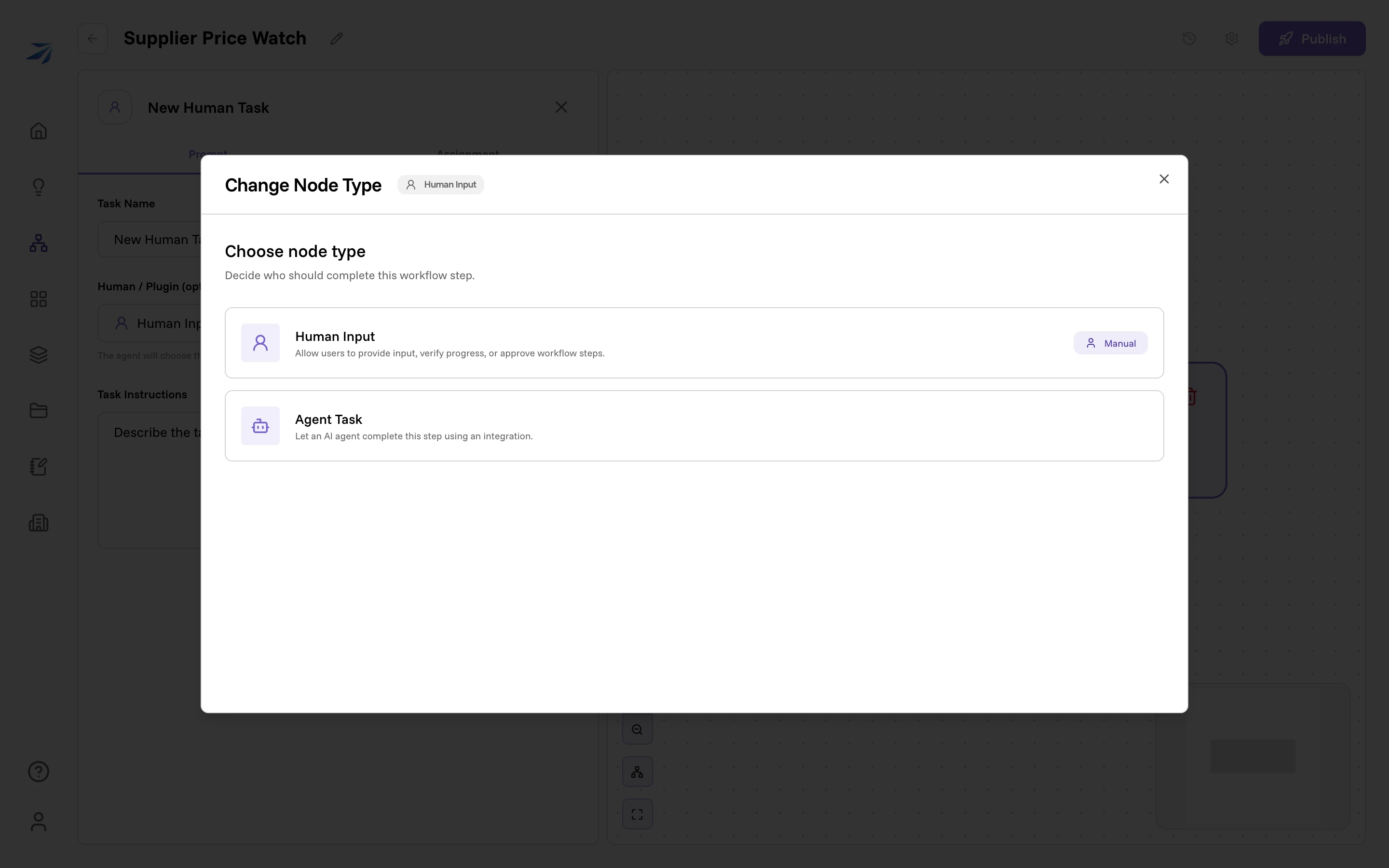 The Change Node Type dialog, offering Human Input and Agent Task