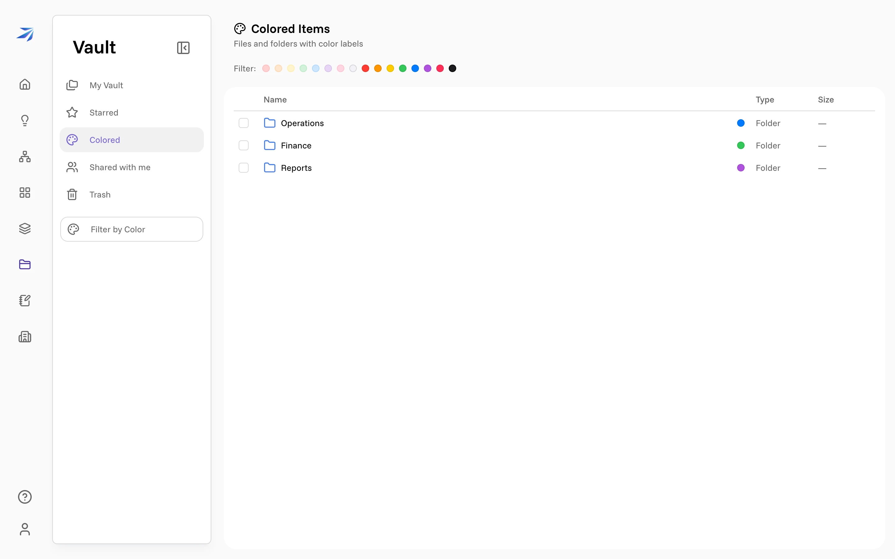The Colored Items view showing three folders, each with its color dot