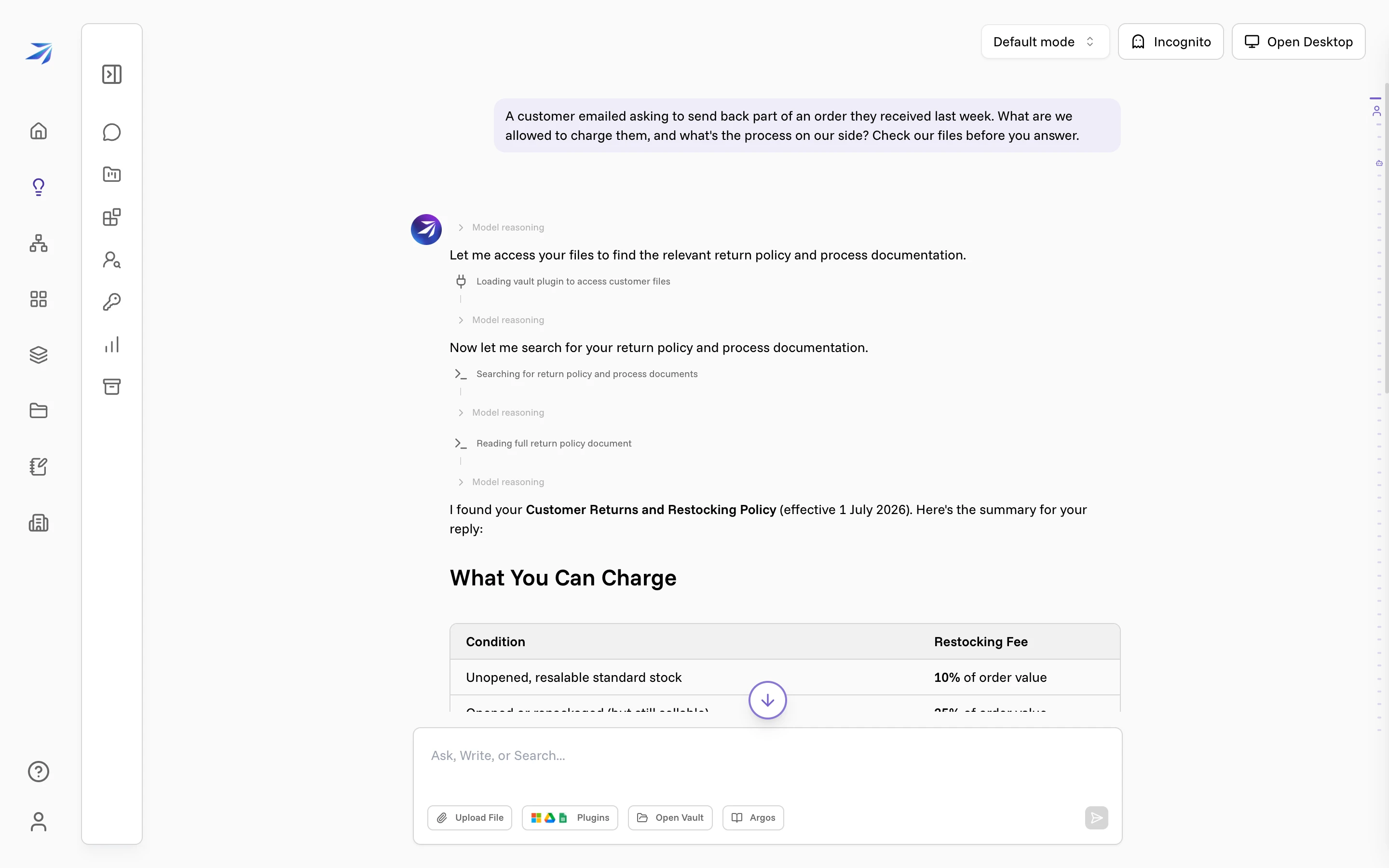 Corint answering: it loads the vault plugin, searches for the return policy, reads the document, and replies with the restocking fees from the file